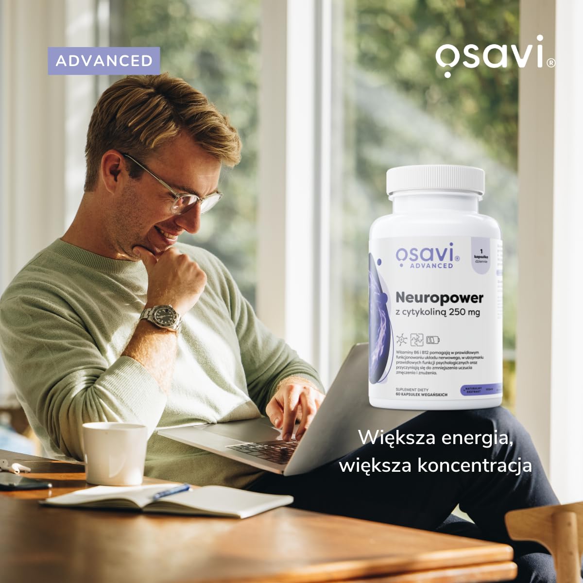 Osavi Neuropower z Cytykoliną 250 mg – 90 wegańskich kapsułek | Wspiera układ nerwowy i zdrowie psychiczne | Z Cognizin® cytykoliną, L-teaniną, koenzymem Q10, B6 i B12 dla jasności umysłu