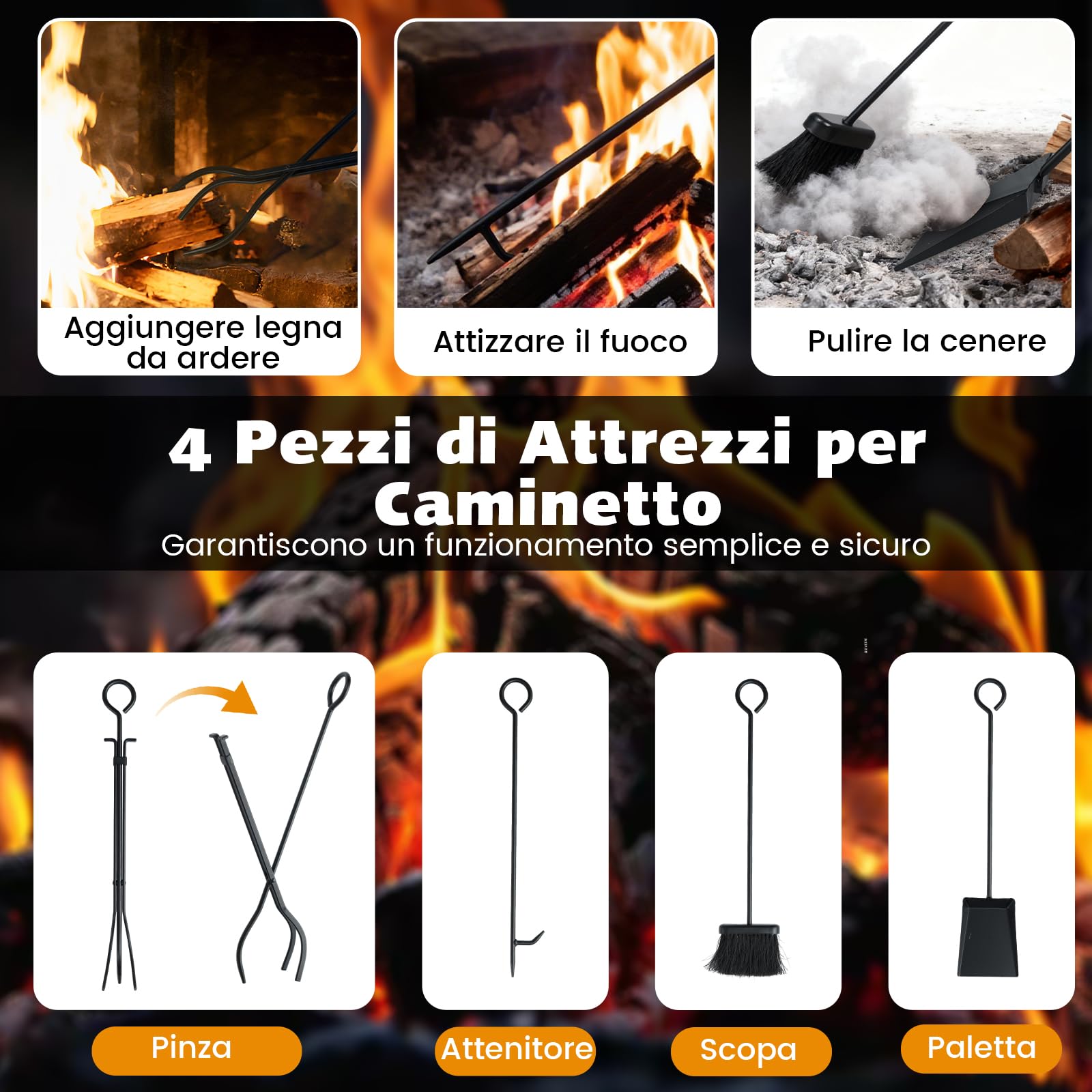 COSTWAY Porta Legna da Ardere a 3/4 Ripiani con Ruote, Portalegna da Interno ed Esterno con Attizzatoio, Paletta, Scopa e Pinza, Legnaia Resistente alla Corrosione e alle Intemperie (47 x 33 x 122 cm)