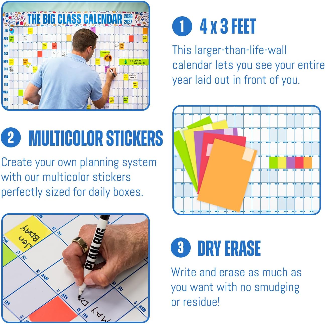 The Big A## Big Class School Year Dry Erase Wall Calendar August 2026 to July 2027 – Year-at-a-Glance for Classrooms & Home – Includes Labels & Marker – Easy Hanging, Shaded Weekends – Blue, 4’x3’