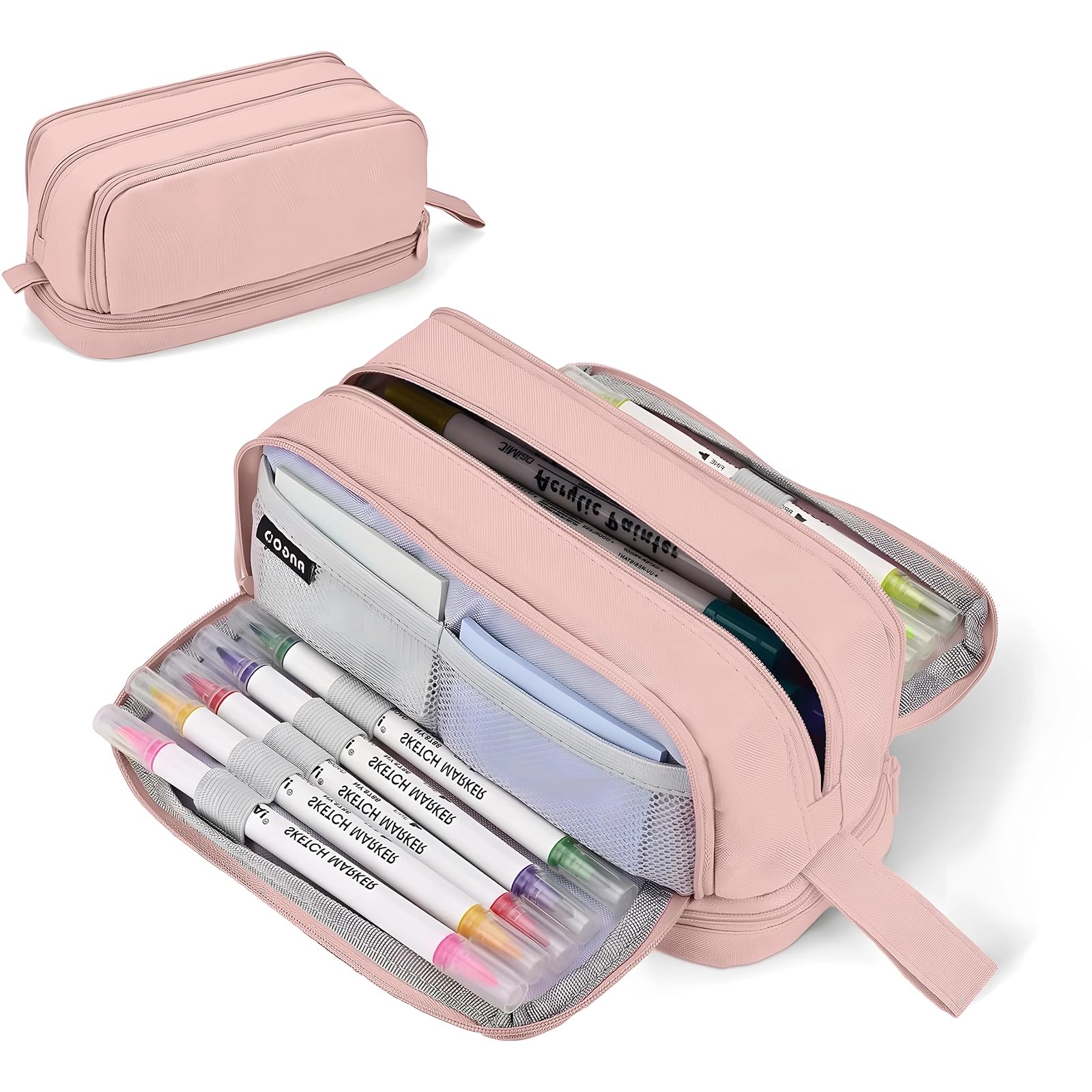 Businey Pencil Case, Large Capacity Pencil Pouch with 4 Compartments Stationery Organizer for Girls Boys, Office Makeup Bag Portable Pen Bag for Students Women Men, Pink