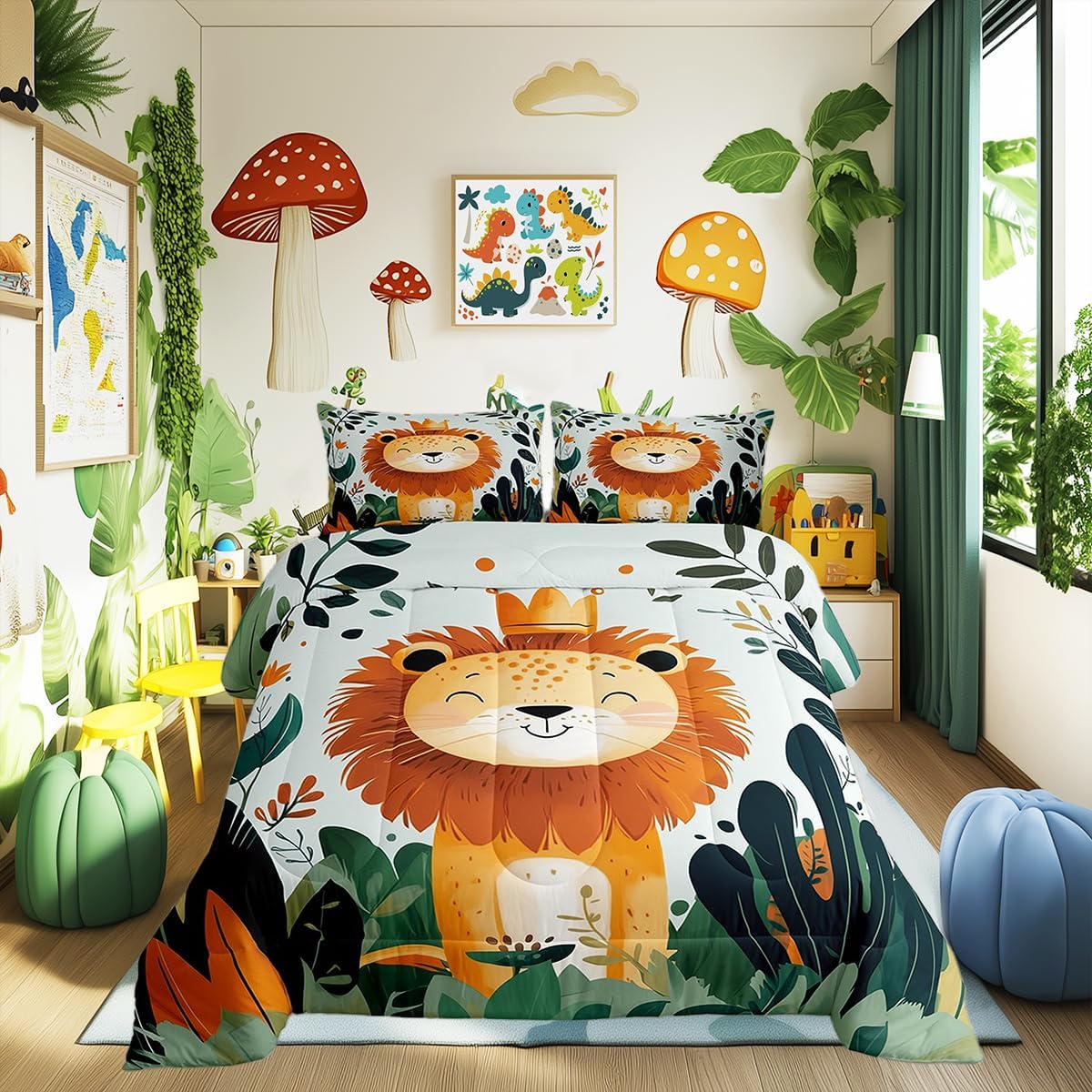 Castle Fairy Cartoon Lion Comforter Set King Size Watercolor Hand Drawn Bedding Set Kids Boys Girls Africa Lion Animal All Season Quilt Set Tropical Nature Leaves Bedding Comforter Sets,3Pcs