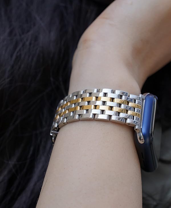 Seven-link Watch Bands for Apple Watch Series 11,10,9,8,7,6,5,4,3,2,1 and SE 3/2/1 for Women, Dressy Stainless Steel Metal Band for Apple Watch 40mm 41mm 42mm 38mm for iWatch, Two-Tone Silver/Gold by Memori Planet - Image 7