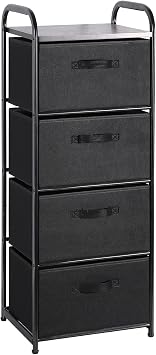 MAX Houser 4 Drawer Fabric Dresser Tall Storage Tower, Dresser Chest with Wood Top, Vertical Nightstand Side Organizer Unit with Metal Frame for Closets Bedroom Nursery Room HallwayBlack