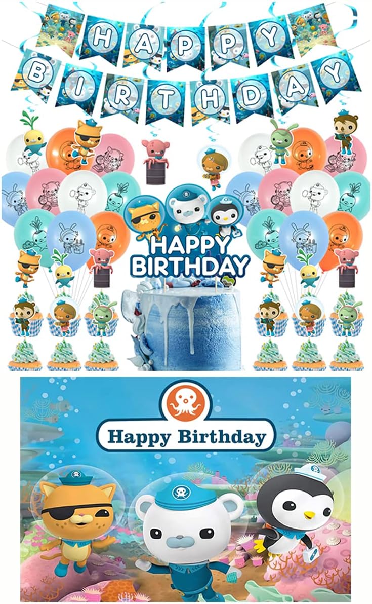TRYeveBirthday Party Supplies For Octonauts Includes Banner, 6 Swirls Hanging, Cake Topper, 12 Cupcake Toppers - 20 Balloons and Backdrop