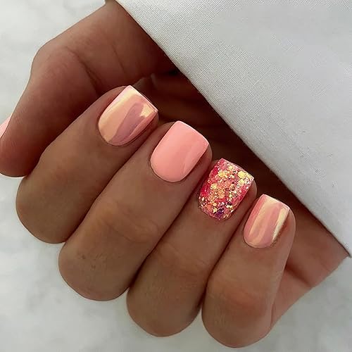 Uñas postizas a presión de color rosa, cuadradas, cortas, SWEKKE de cobertura completa, uñas postizas brillantes con purpurina y brillantes, uñas disponible en Yaxa Peru