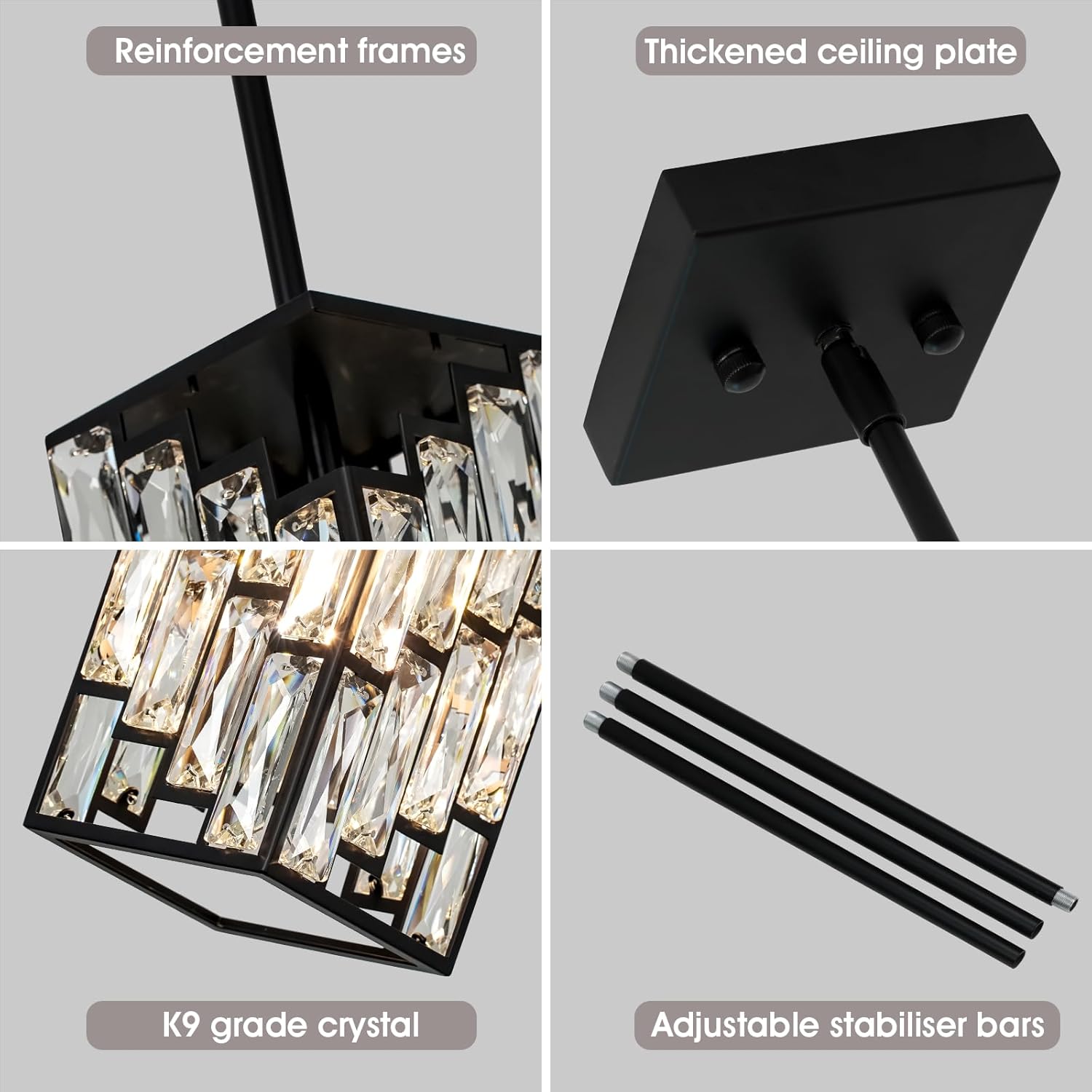 Crystal Pendant Lights Kitchen Island 3 Pack, Modern Black Chandelier Height Adjustable, Hanging Lights for Kitchen Island Dining Room Bedroom