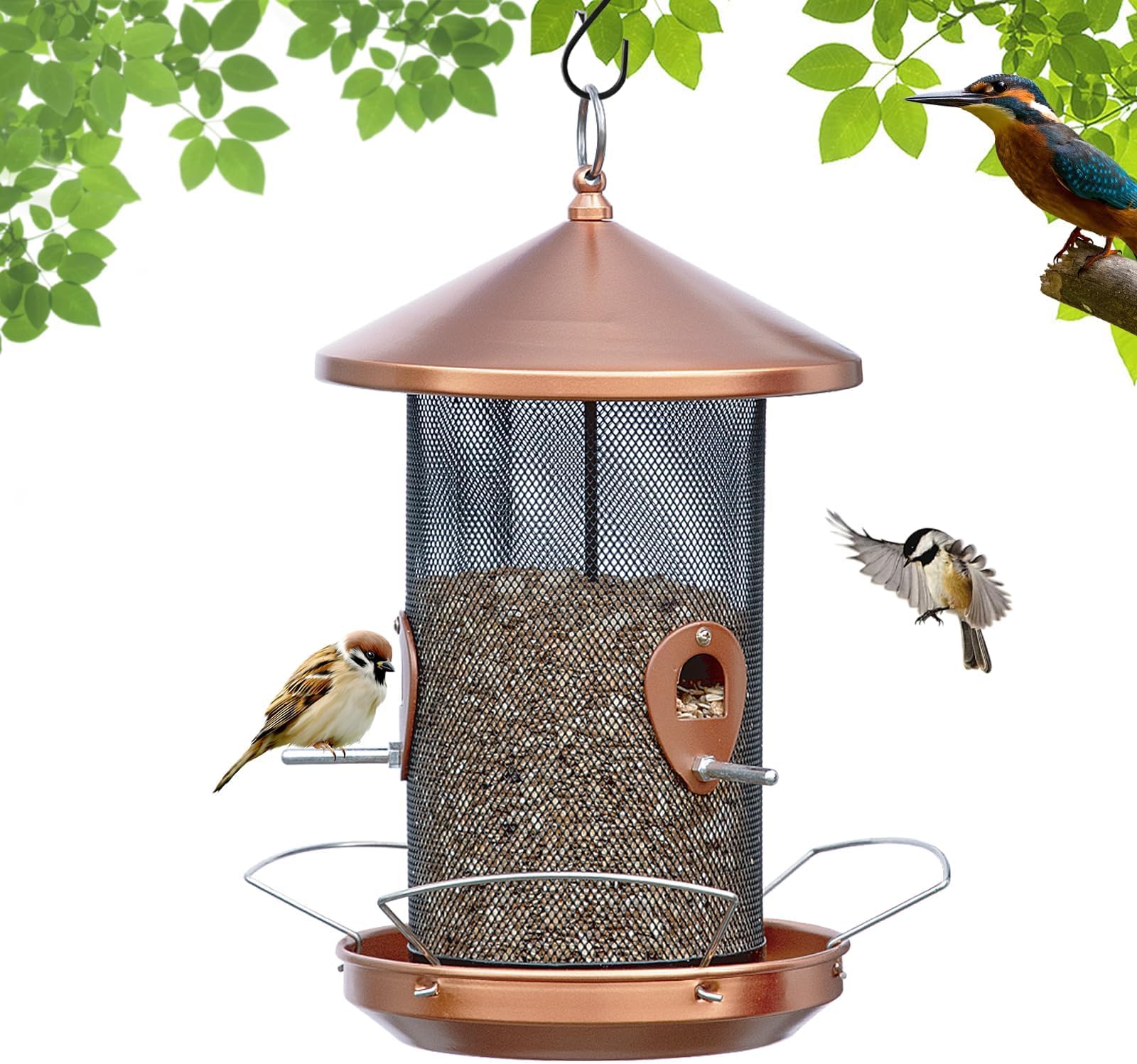 Wild Bird Feeders for Outdoors Hanging - 16.2inch Large Metal Bird Feeders with Copper-Look for Garden Yard Outside Decor,Gardening Gifts for Women/Men