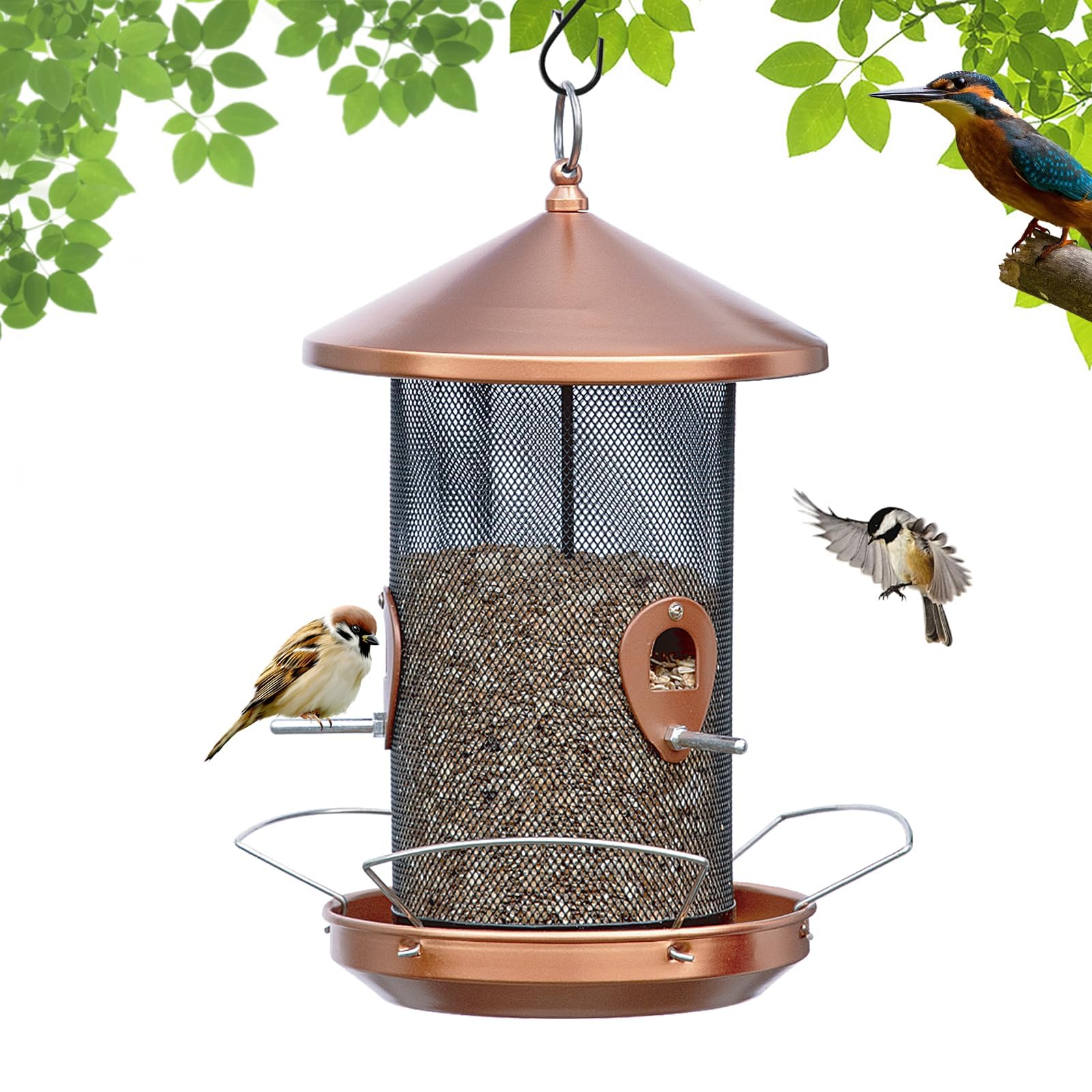 Wild Bird Feeders for Outdoors Hanging - 16.2inch Large Metal Bird Feeders with Copper-Look for Garden Yard Outside Decor,Gardening Gifts for Women/Men