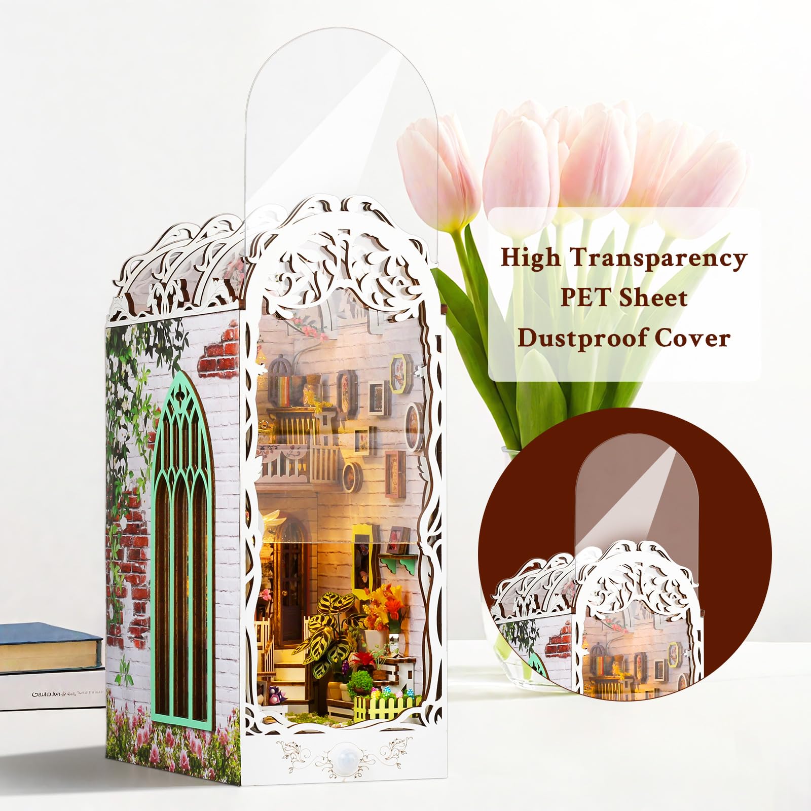 DIY Book Nook Kit - DIY Miniatur Holz Haus für Erwachsene mit LED, Bücherregal Dekoration 3D Puzzle Buchstützen aus Holz Erwachsene Booknook Geschenken für Frauen(Gartenhaus)