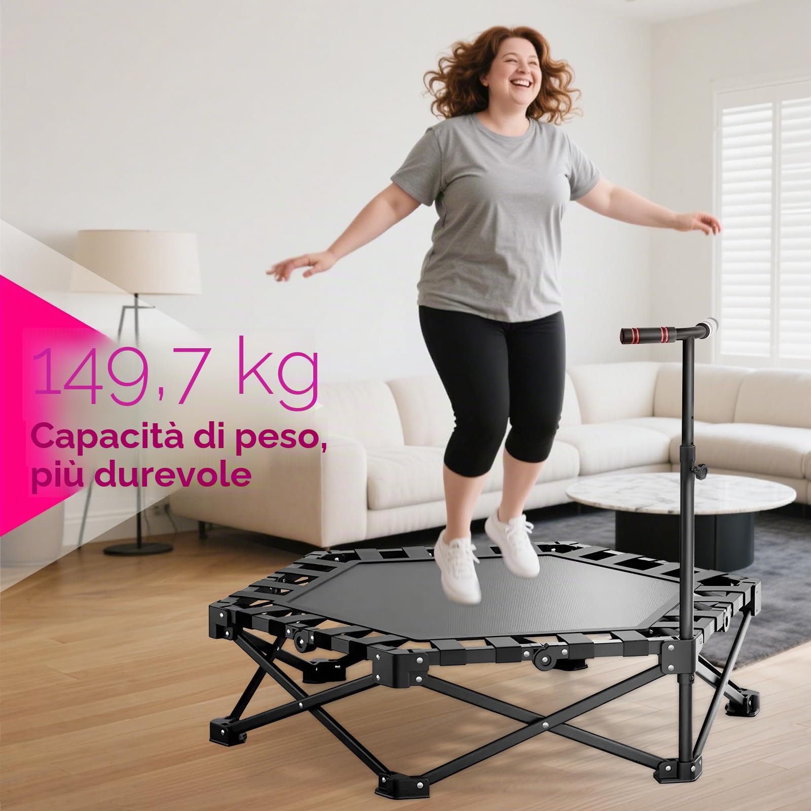 Mini Trampolino Fitness per Adulti, Trampolino Pieghevole da Interno All'aperto con Maniglia Regolabile, Ideale per Saltare e Allenarsi, Non Richiede Installazione, Carico Massimo 330 lb