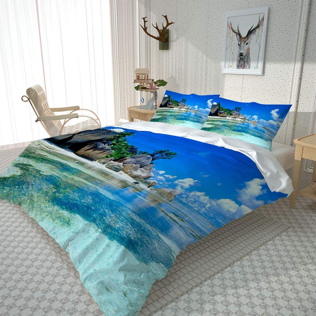 Housse de Couette 240x260 cm Parure de Lit 3D Imprimé Beau Paysage de Bord de mer avec Fermeture Éclair Microfibre Parure Housse Couette avec 2 Taie d'oreiller 65x65 cm