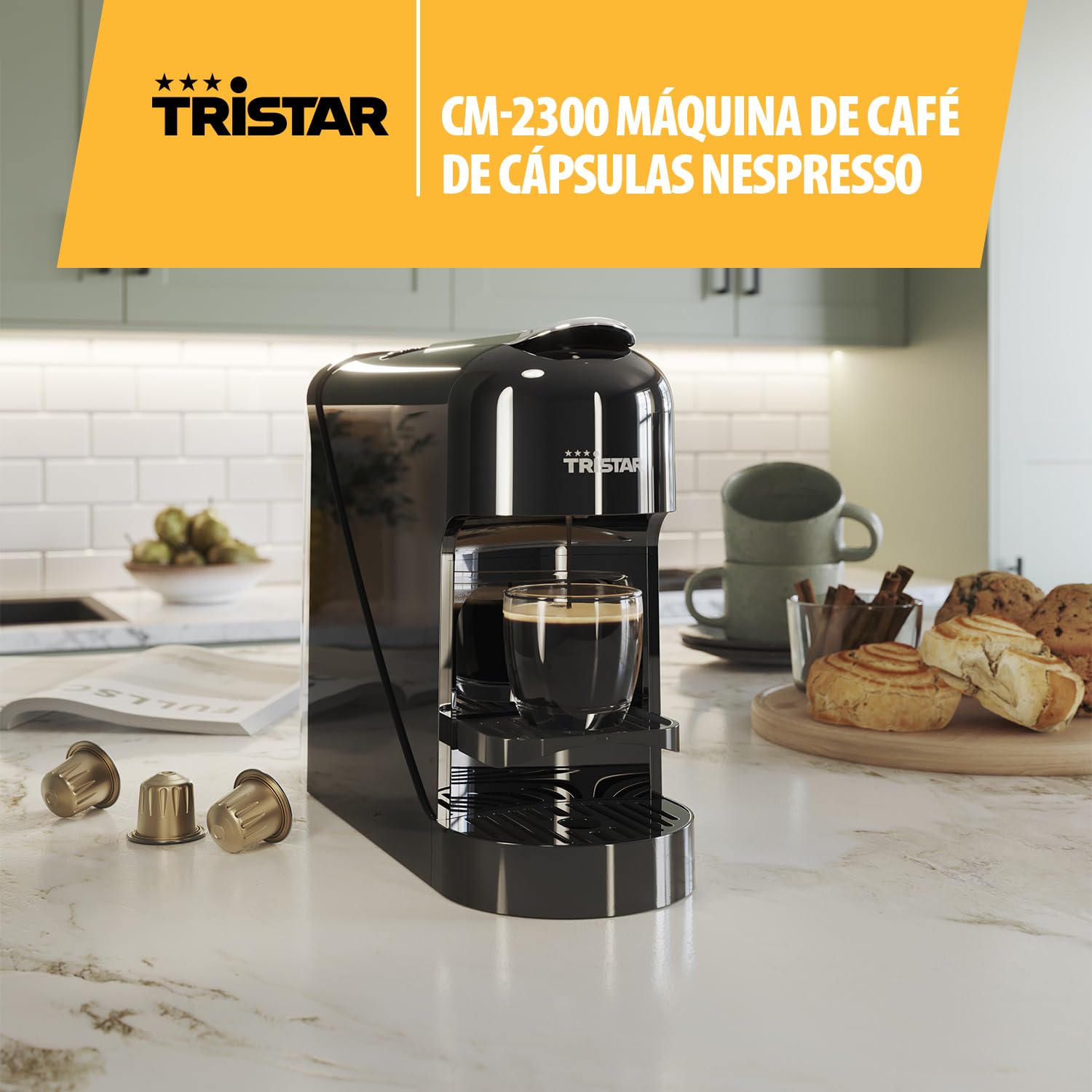 Tristar Title Cafetera de Cápsulas, Depósito de 0,8 l, 1400 W, Compatible con Cápsulas Nespresso, Bandeja Recogegotas Extraíble, Apagado Automático, CM-2302