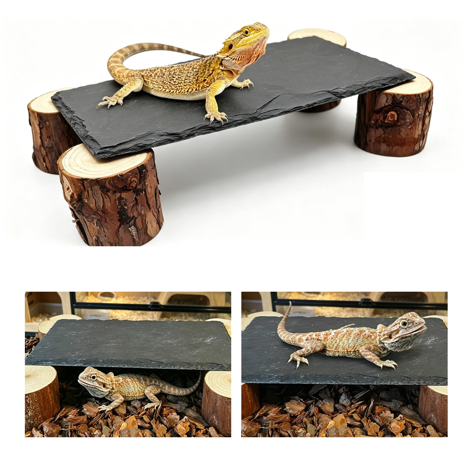 TourKing Basking Platform with Slate Rock & Natural Wood Pile, Bearded Dragon Tank Accessories with Hide Cave for Leopard Gecko, Ball Python, Tortoise, Reptile Climbing Rock for Vivarium