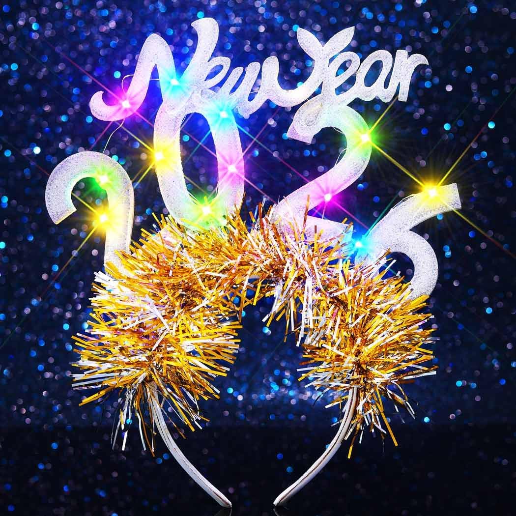 LED Christmas 2026 Headband Glowing Happy New Year Hair Hoop Light Up Christmas Party Hair Accessories for Women (Silver)