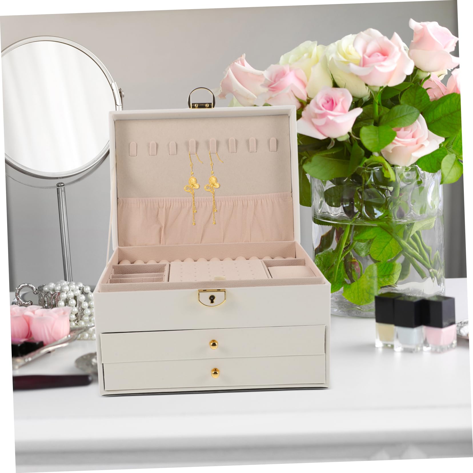 Boîte à Bijoux 3 Niveaux en Similicuir Blanc avec Verrou, Grand Coffret