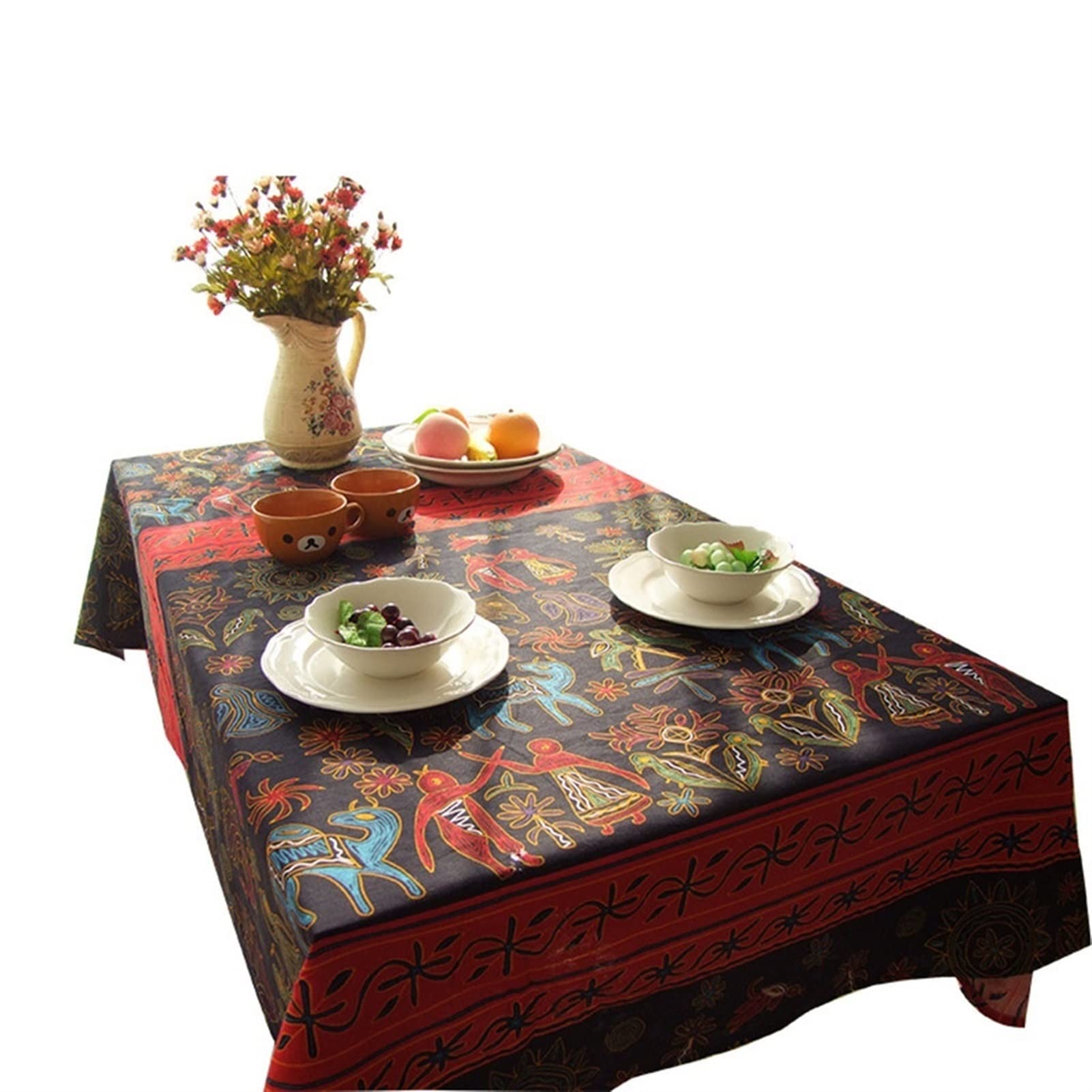 Nappe ethnique chic coton lin rouge et noir pour illuminer vos dîners rétro