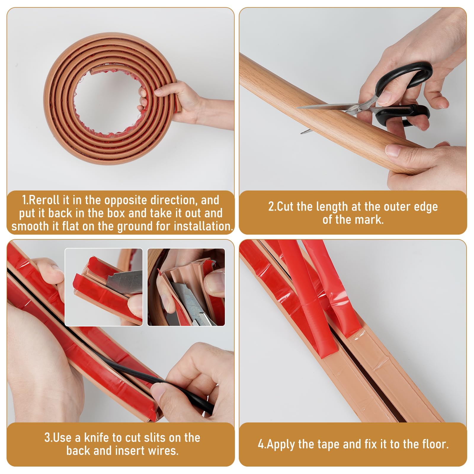 Cache Cable Sol, 3,0M x 3CM Petit Passe Cable Sol Flexible, Goulotte Passe Cable Sol Silicone, Cache Fil Électrique Sol Auto-Adhésif Facile à Couper Montage pour Tous Les Câbles, Grain Bois