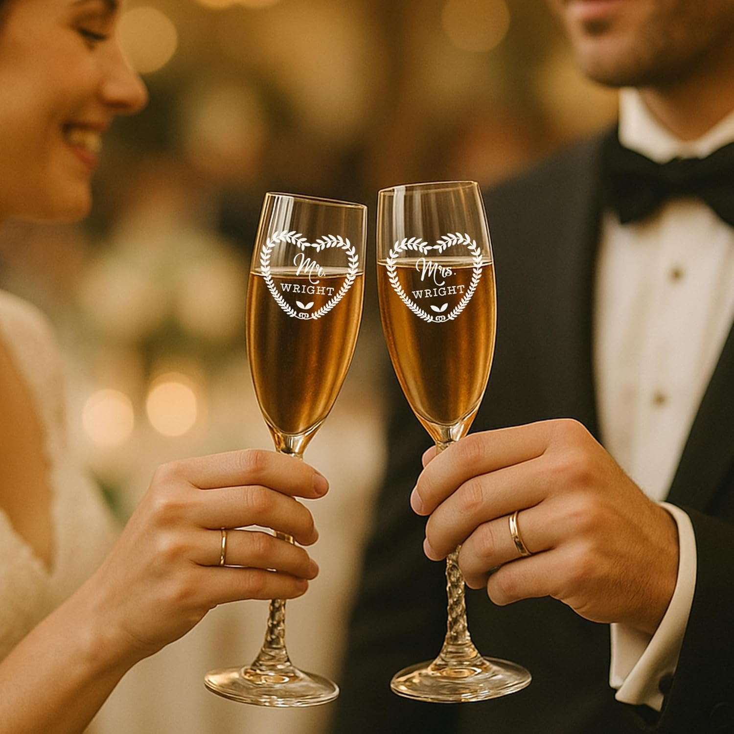 Froolu Mr and Mrs Champagne Flutes Set with Engraved Wooden Box – Elegant Wedding Toasting Glasses – Gift for Bride and Groom, Aniversary Engagement (Glass Only, Design #6)