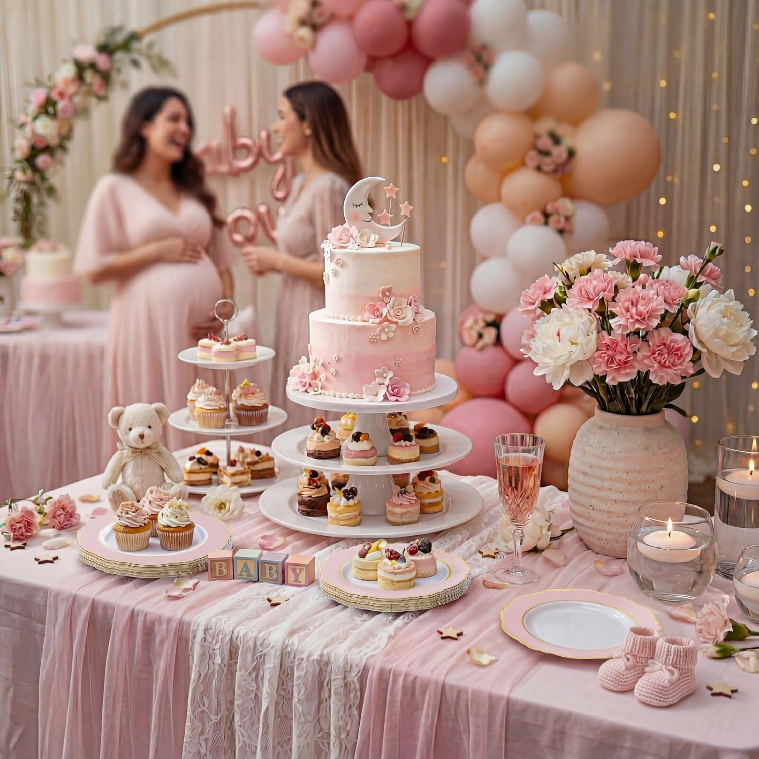 WDF 60pcs Pink Dessert Plates - 7.5inch Baroque Pink and White Disposable Dessert Cute Cake Plates for Upscale Parties &Wedding-Special for Baby Shower, Brithday, Mother's Day