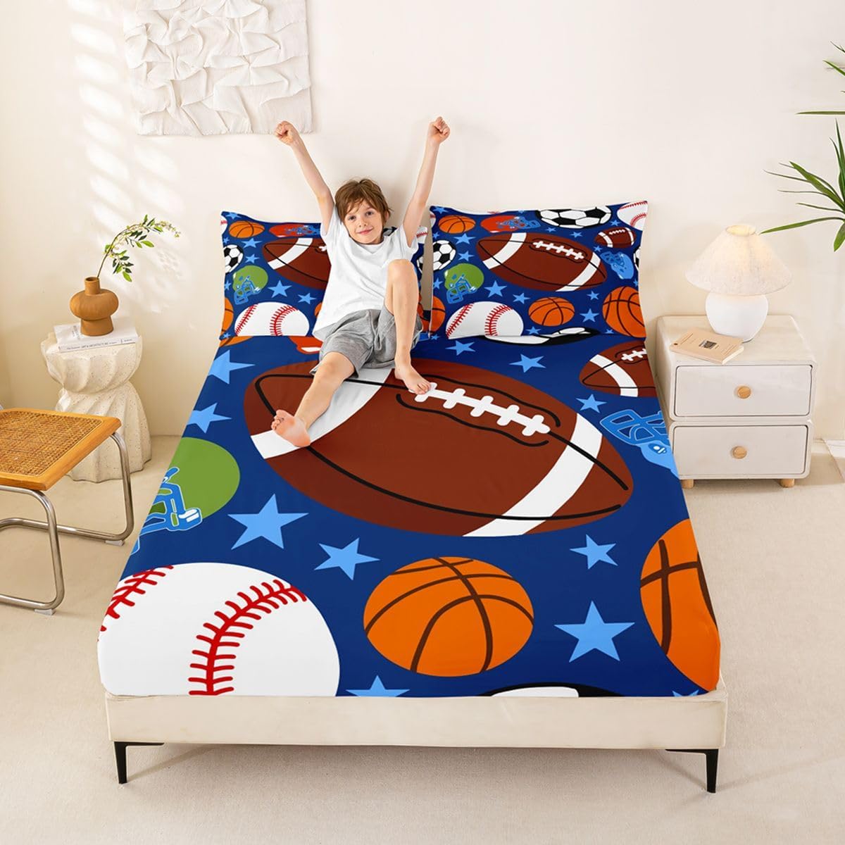 Erosebridal Kids Sports Fitted Sheet Queen Football Baseball Basketball Soccer Bed Sheets Ball Game Bedding Set for Kids Boys Girls,Competitive Sports Theme Bed Cover 3 Pcs