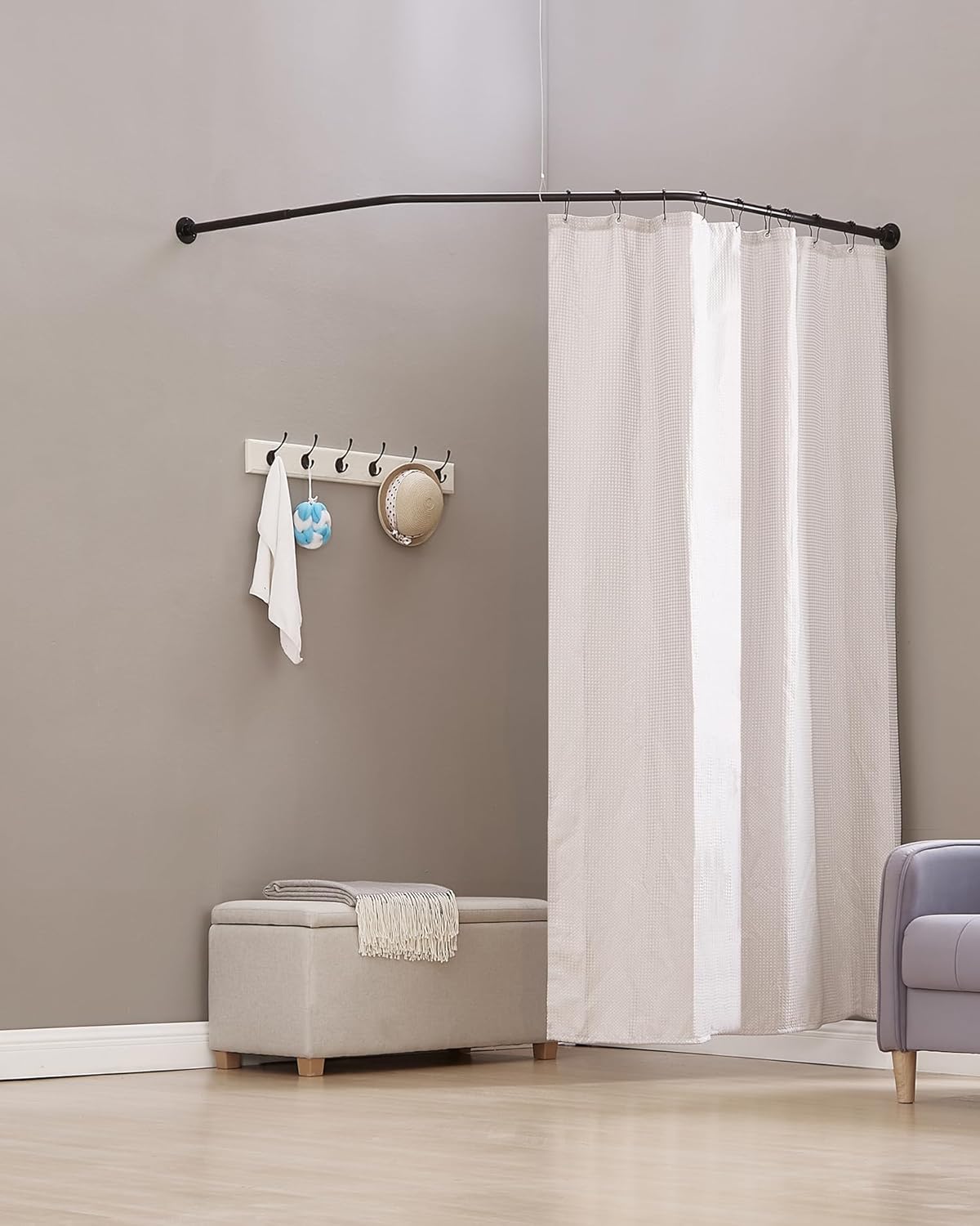 Corner Shower Curtain Rod, Diamond Shaped [Both Sides: 22" - 34.8", Middle: 28" - 43.7"] Adjustable Bathroom Bathtub Shower Rod with 12 Hooks & Ceiling Support