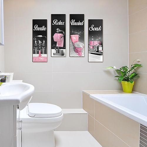 Miniatura 6 de Honoson 4 piezas de decoración de baño, arte de pared de casa de campo, baño, decoración de pared, remojar, relajarse, respirar, colgar de madera,