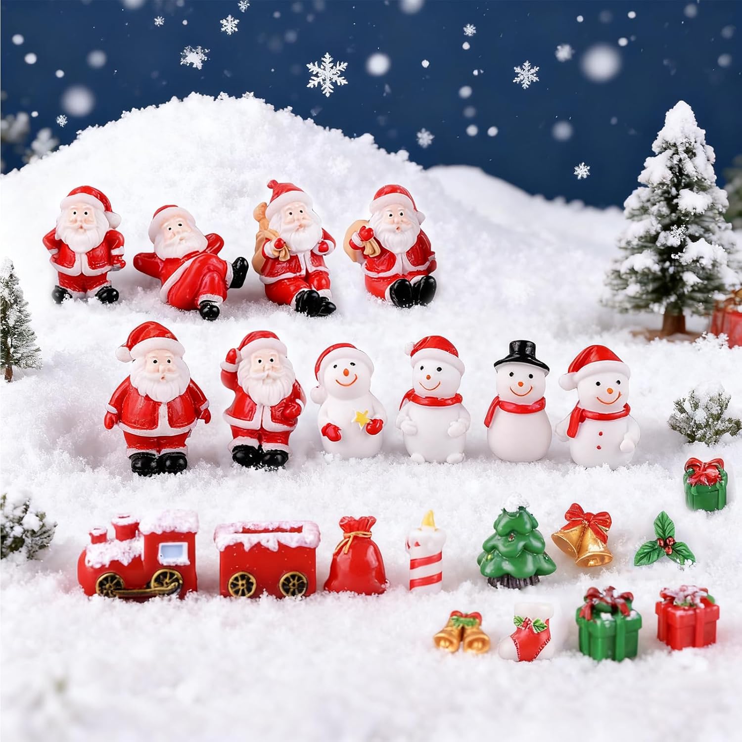 23Pcs Miniature Christmas Figurines Set, Mini Resin Ornaments Snowman, Xmas Tree, Snata Claus, Deer for Snow Globe Kit DIY Christmas Village Decoration Micro Landscape Decor Party Gift - Image 4