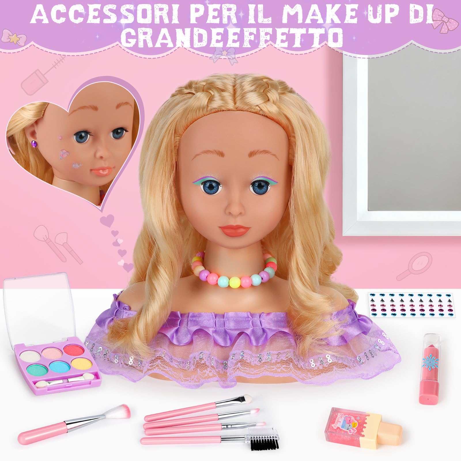 Testa Bambola da Truccare e Pettinare, 66 Pezzi Testa da Pettinare Bambina, Bambola da Truccare Regalo di Compleanno, Natale per Bambini a Partire Dai 3 Anni (Viola)