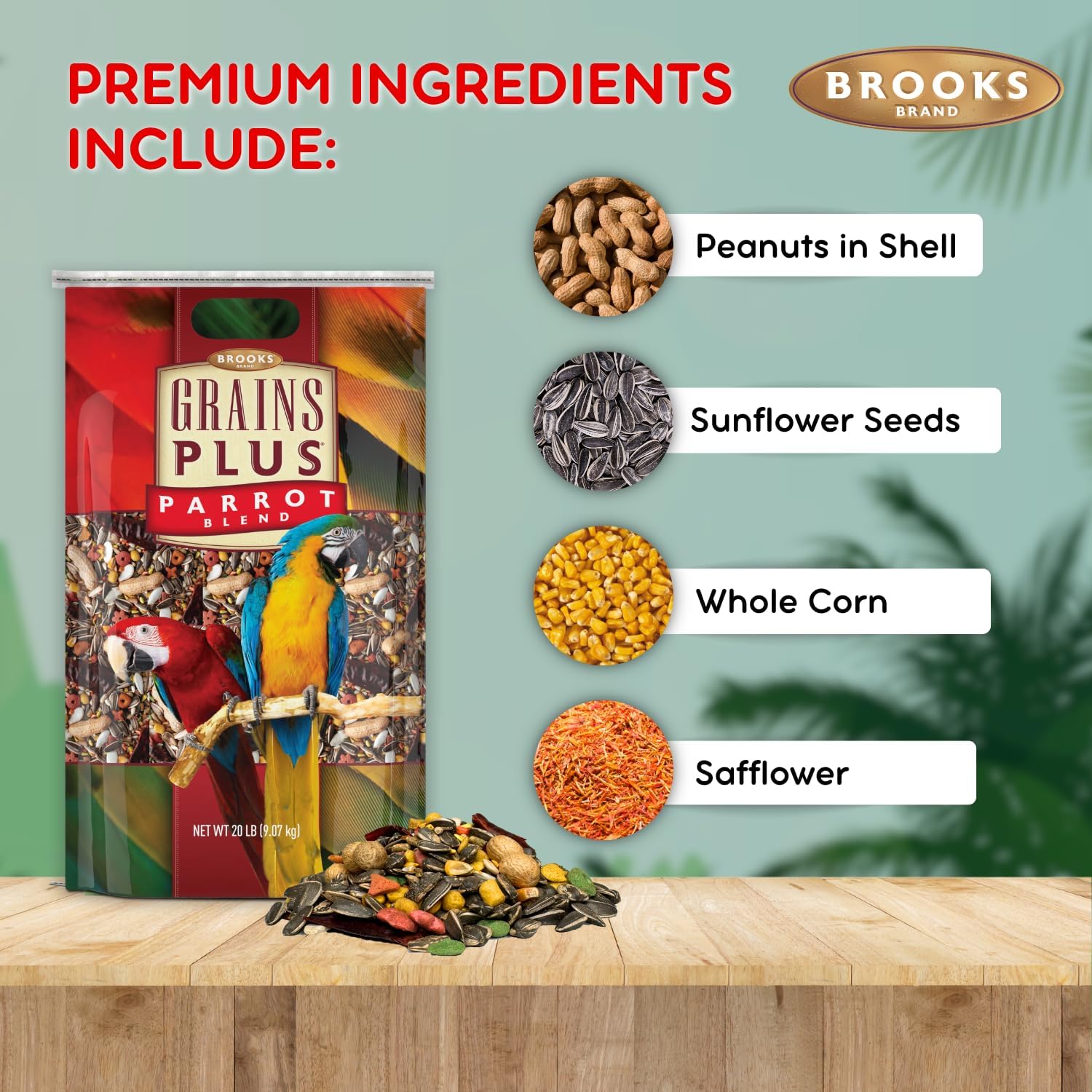 Brooks Brand Grains Plus Parrot Blend, Bird Food Parrot Seed Mix, African Grey Food, Eclectus, Indian Ringneck, Quaker