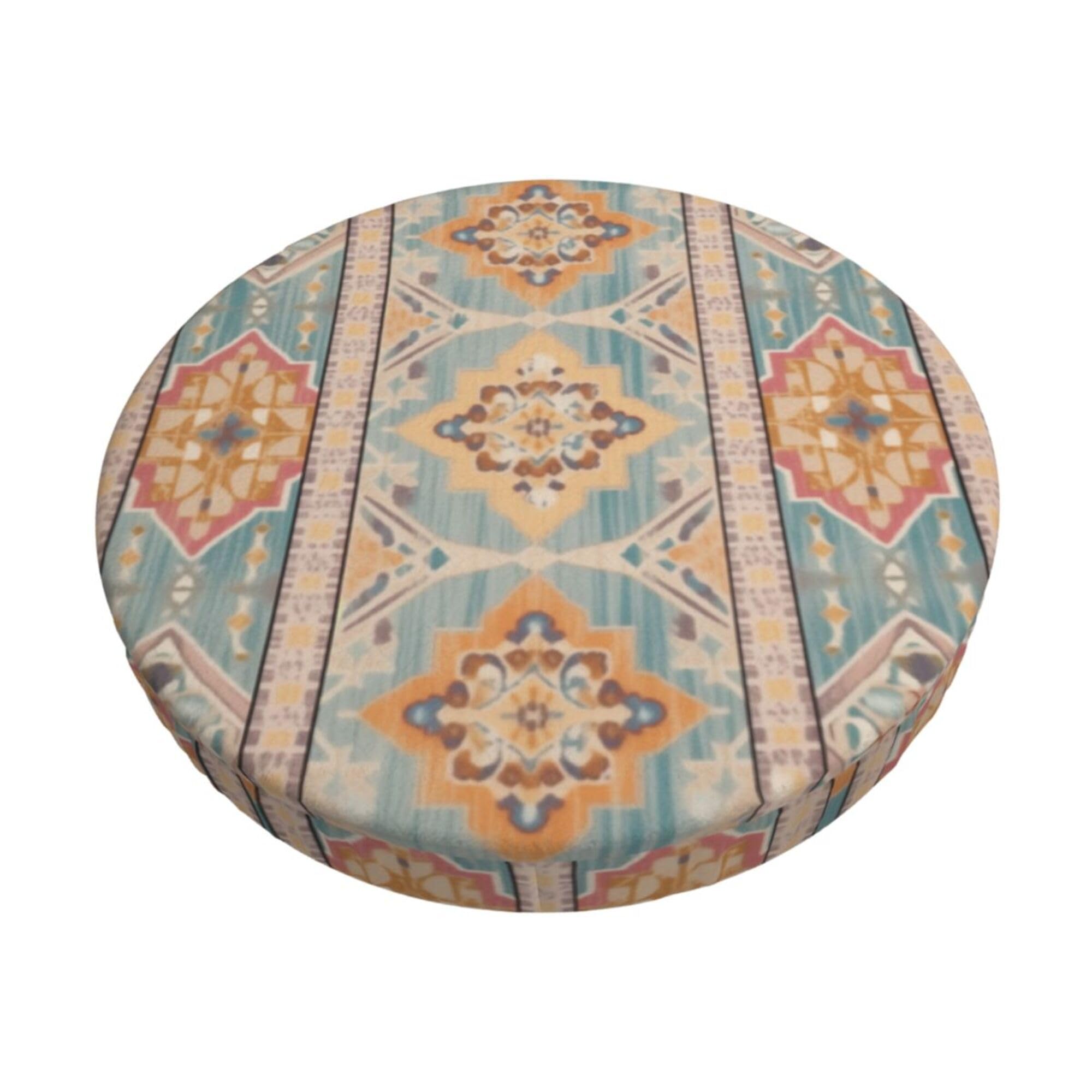Velvet Round Stool Covers, 3 Layers Bar Stool Covers with Thin Pad, Traditional Moroccan Geometric Round Chair Covers Replacement Padded Stool Covers Round for 12-14" Round Barstools
