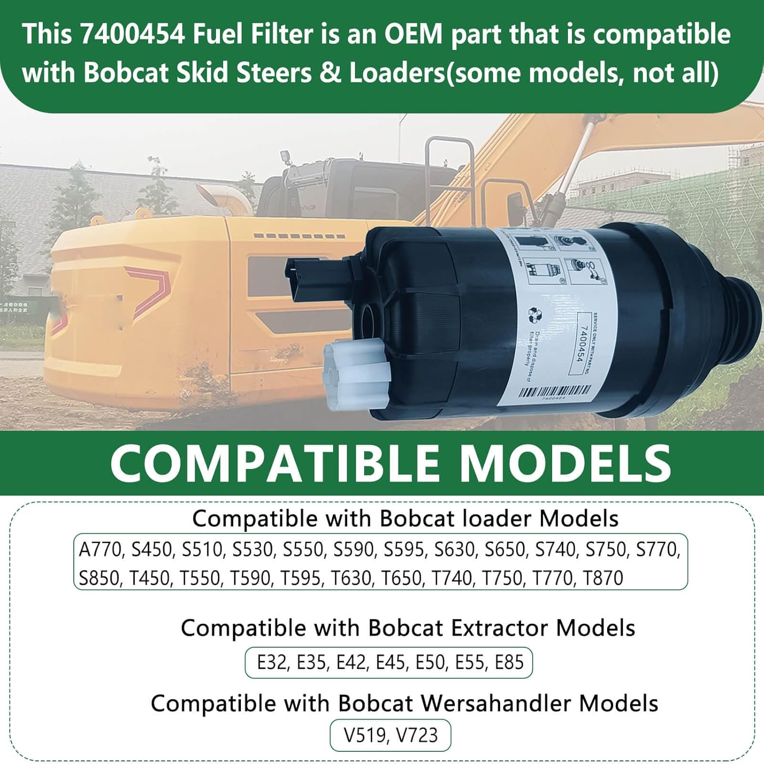 7400454 Fuel Filter Replacement for Bobca Skid Steers & Loaders T/S Series A770 for Excavators E32 E35 for Versahandlers V519 V723, Includes Water Separator Fuel Filter