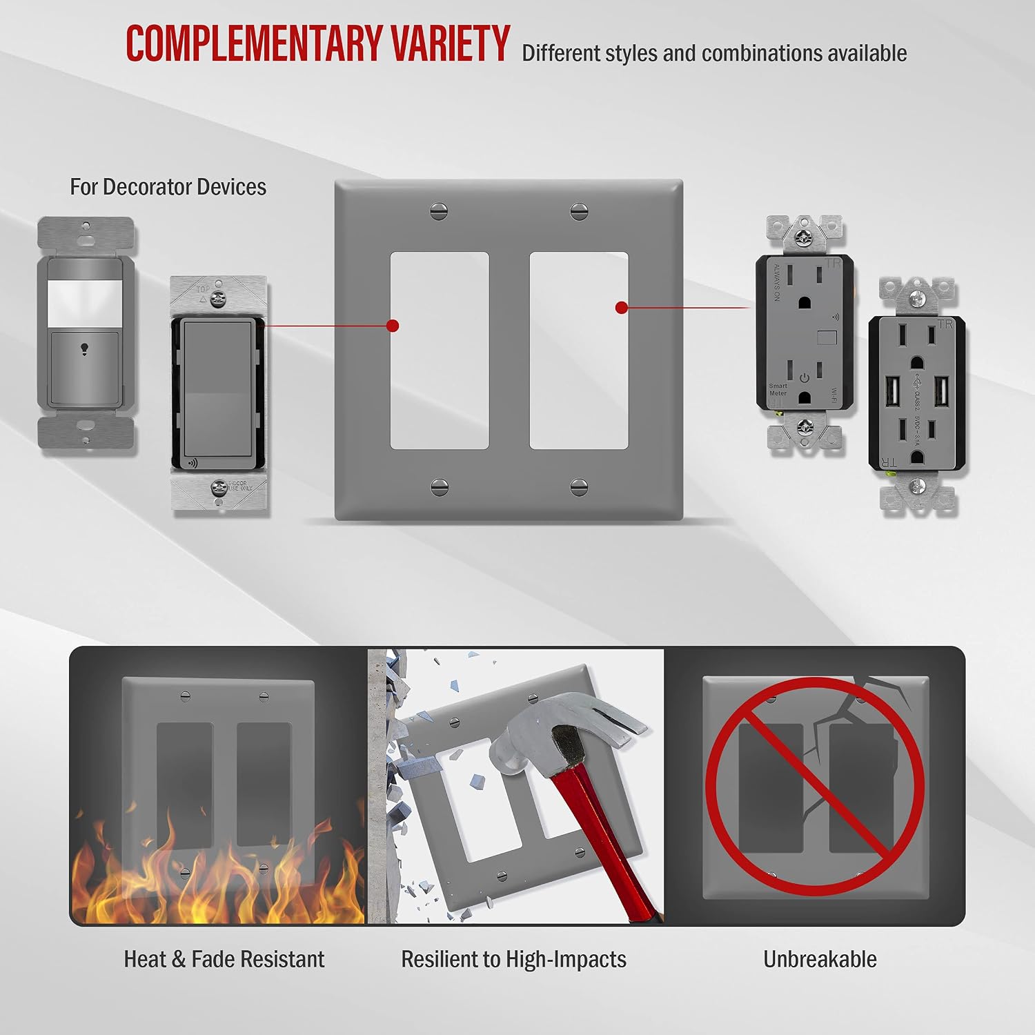 ENERLITES Decorator Light Switch or Receptacle Outlet Wall Plate, Gloss Finish, Size 2-Gang 4.50" x 4.57", Unbreakable Polycarbonate Thermoplastic, UL Listed, 8832-GY-10PCS, Gray (10 Pack)