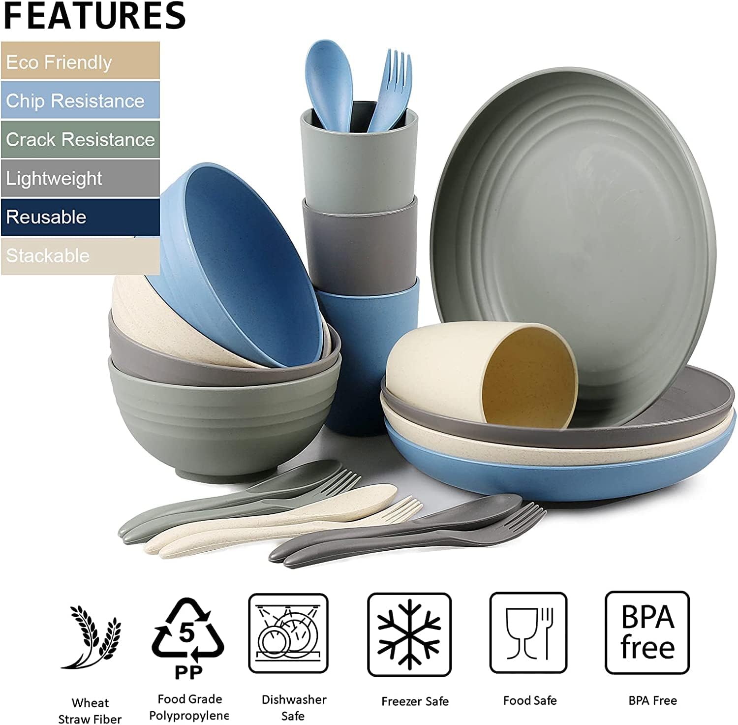 Wheat Straw Dinnerware Sets, 20 PCS Microwave Unbreakable Plates and Bowls Sets, Reusable Lightweight Tableware Dinner Dishes, Bowls, Cups, Plastic Dishes for Camping, Kitchen, RV, Dishwasher Safe