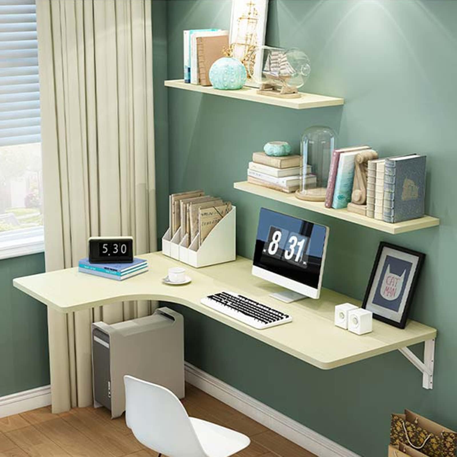 Wall Mounted Table Corner Folding Computer Desk,Drop Leaf Tables for Small Spaces Fold Down Floating Desk, Space Saving,with Metal Folding Stand,Office Bedroom Kitchen Dining Table Computer Desk ( Col