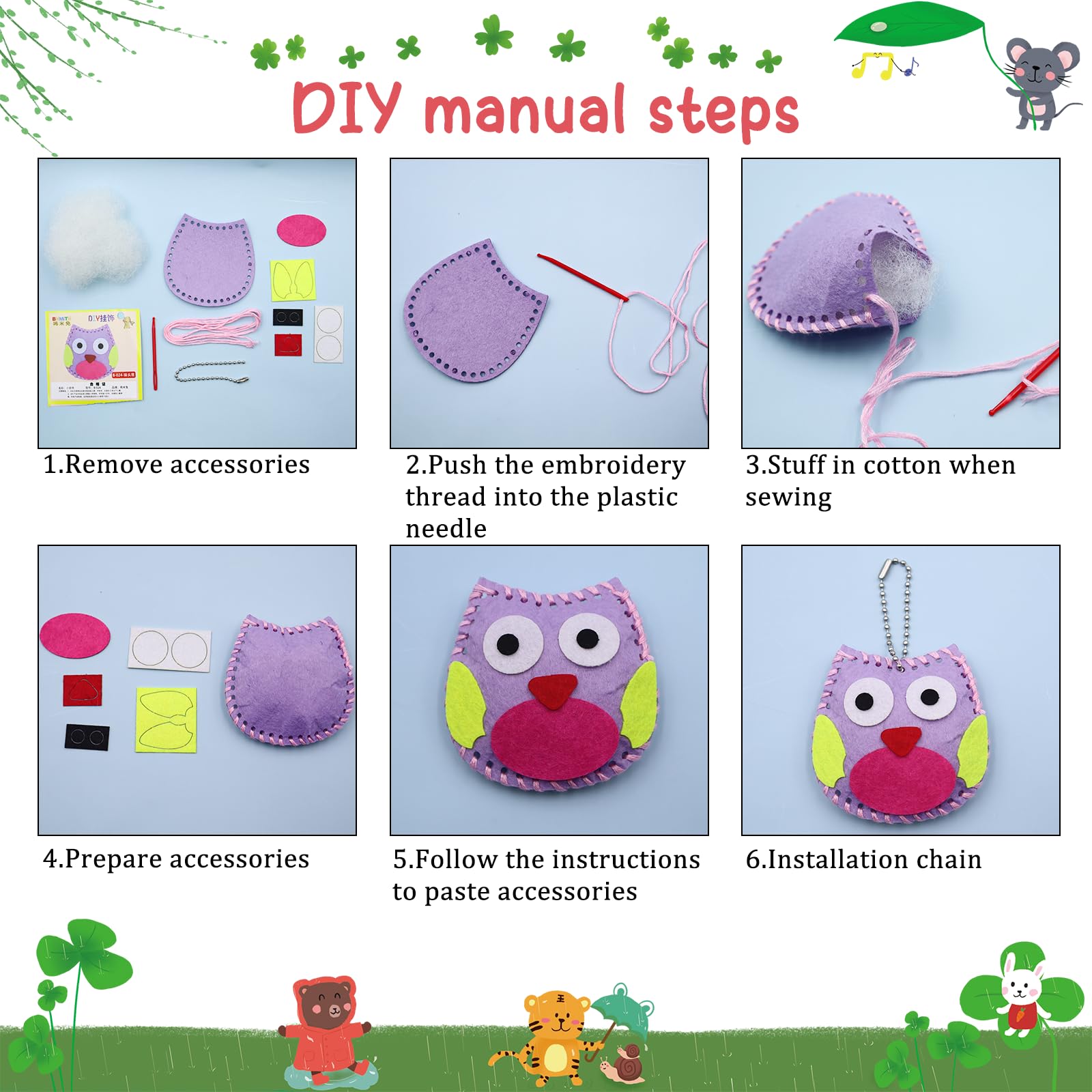 Kit Couture Enfant Forêt Animaux en Feutre 12 Pièces DIY Jouets à Coudre avec Ciseaux pour Enfants 6 Ans+