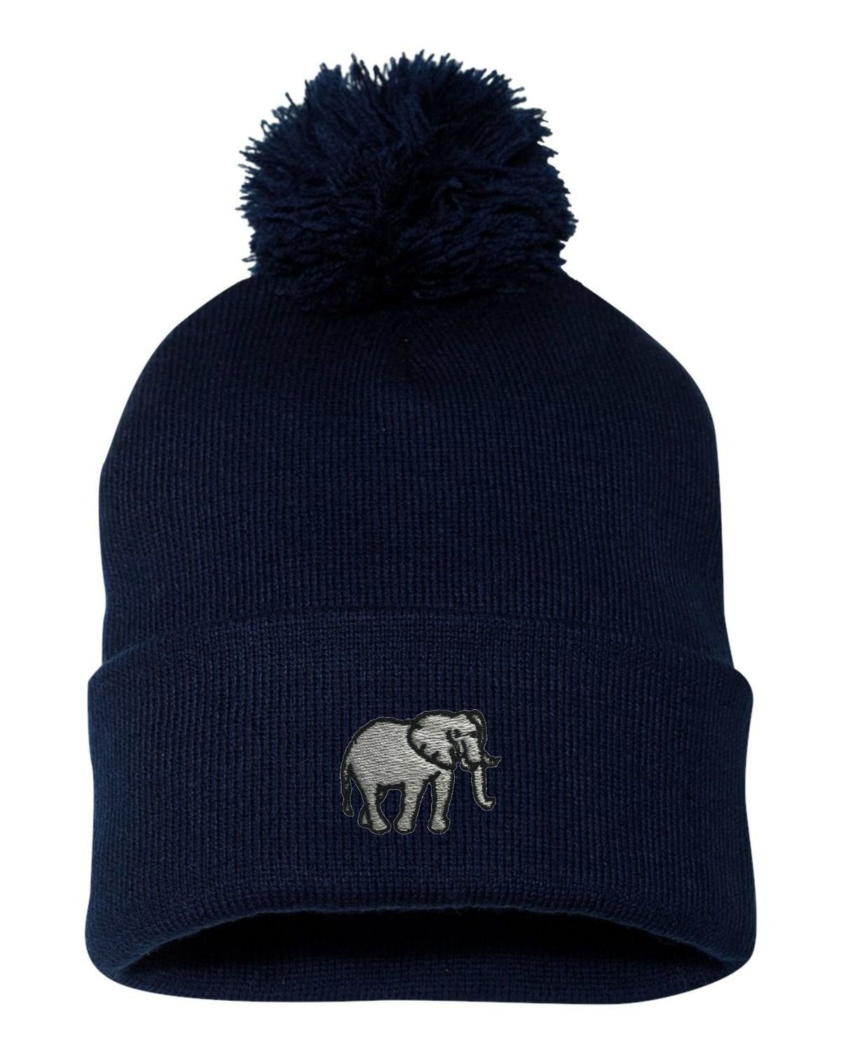 Go All Out One Size Navy Pom Elephant Embroidered Knit Beanie Pom Cap