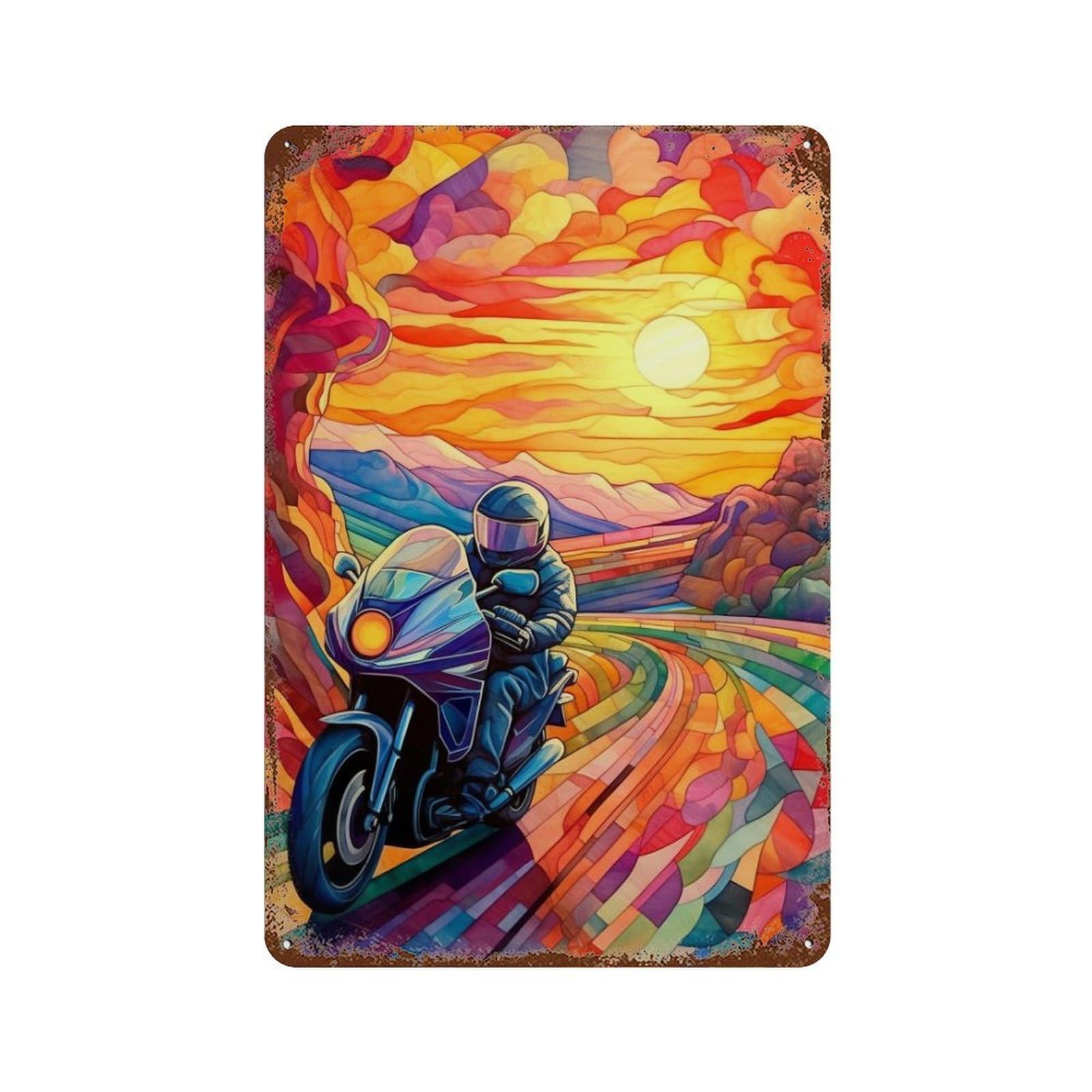 Decorative Tin Sign with Stained Glass Motorcycle Sunset Design 11.8"x7.9", for Farmhouse, Kitchen And Entryway Decor, Old School Wall Decor