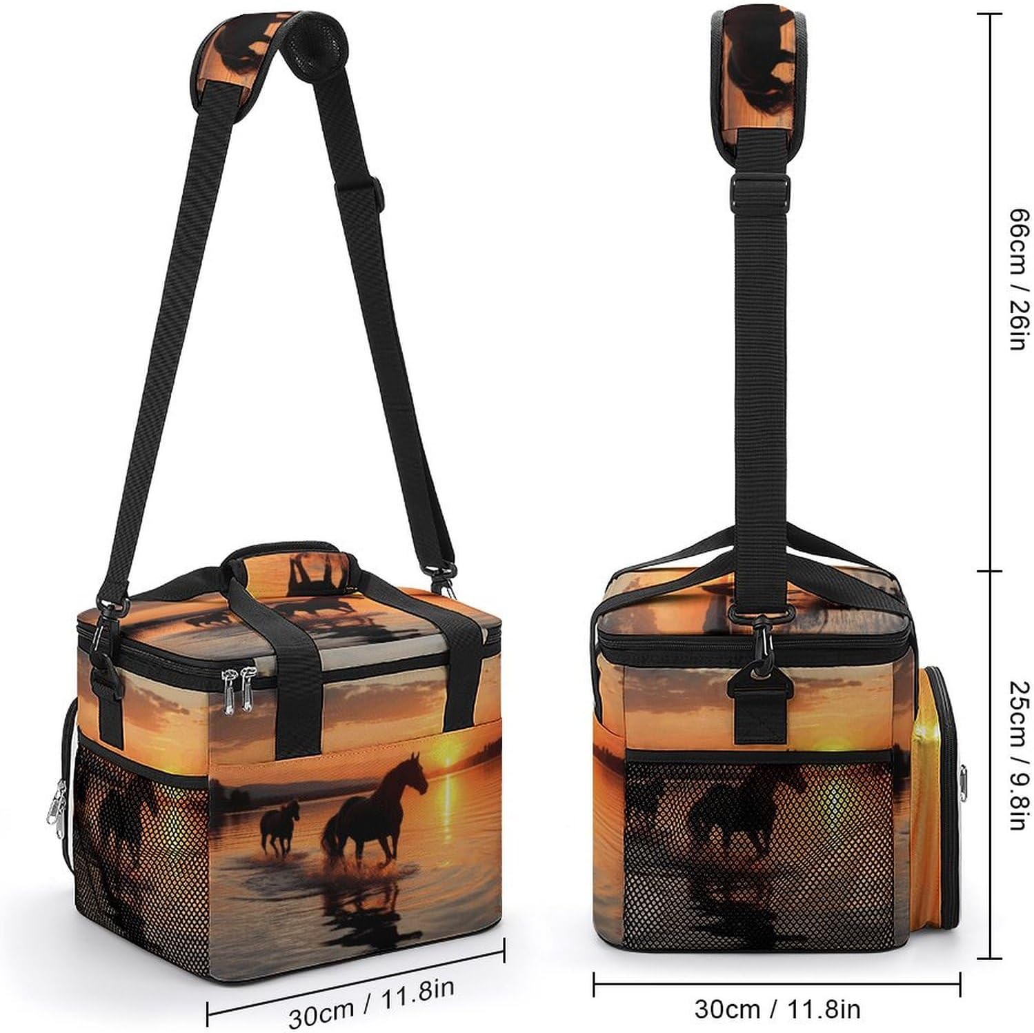 Large-Capacity Oxford Cloth Sunsets Lake Horses Printed Camping Ice Bag, Outdoor Portable Insulation and Cold Storage Bag, Enjoy A Cool Camping Time