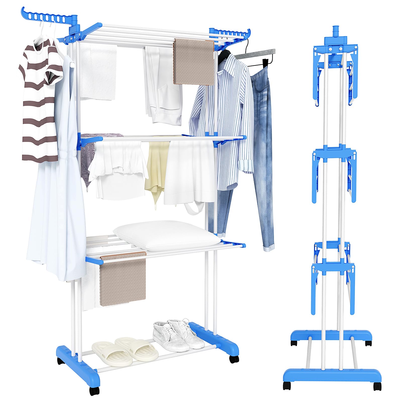 Trintion 3 Tier Clothes Drying Rack, Adjustable Rolling Laundry Hanger, Foldable Wings Large Stainless Steel Garment Dryer with Casters for Outdoor Indoor(Blue)