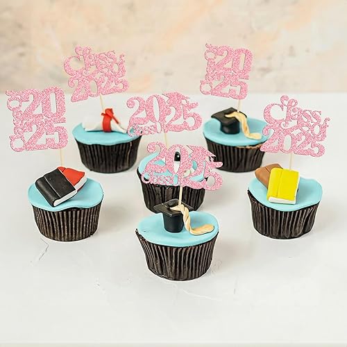 Miniatura 4 de Paquete de 30 adornos para cupcakes temáticos de graduación 2025 con purpurina para la clase de 2025 para cupcakes, tapas de graduación,