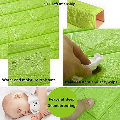Miniatura 3 de Panel de pared 3D verde piedra sintética, 10 piezas de ladrillo de espuma impermeable autoadhesivo, calcomanías de pared 3D despegar y pegar, papel