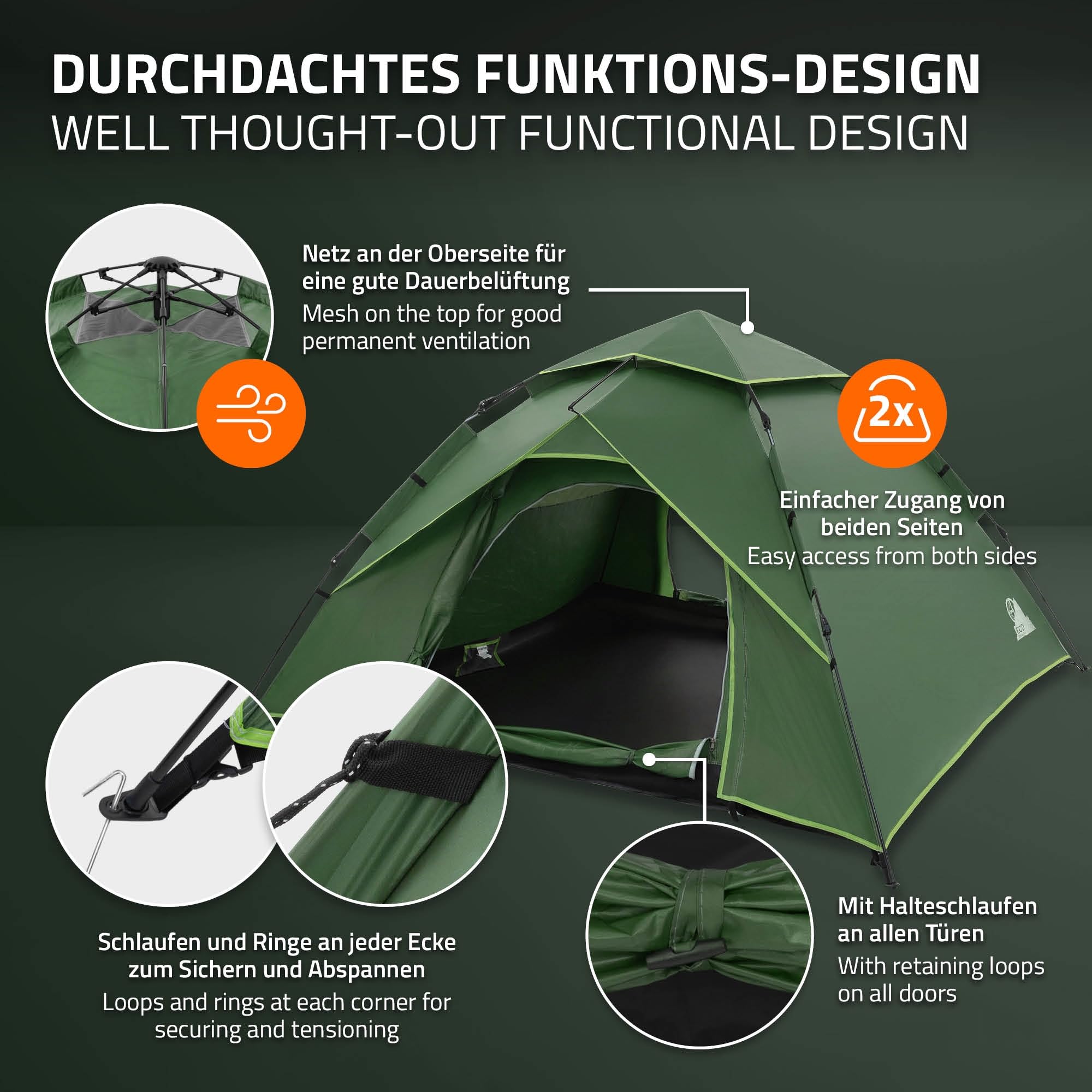 ECD Germany Tente Pop Up 4 Personnes, Résistante au Vent et Respirante, Tente de Camping Plage, Imperméable Légère, Dôme à Double Couche pour Randonnée Pêche avec Sac de Transport, Vert/Gris