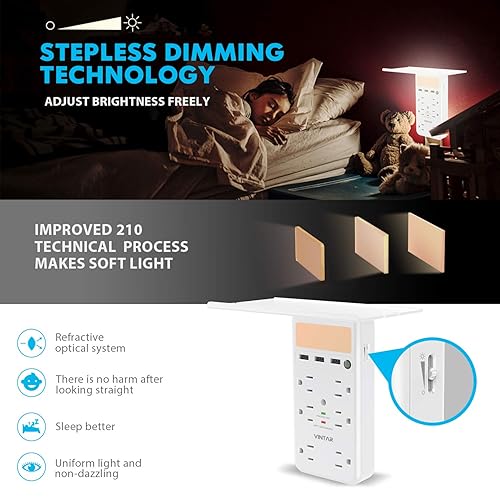 Miniatura 5 de Paquete de 2 VINTAR Protector de sobretensiones con estante de salida, extensor de múltiples salidas con sensor de atardecer a amanecer, 6 salidas y