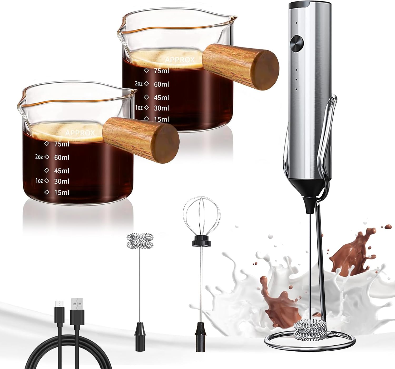 YARRAMATE Silver Powerful Milk Frother with Stand & 100ML Glass Measuring Cups (Double Spout)