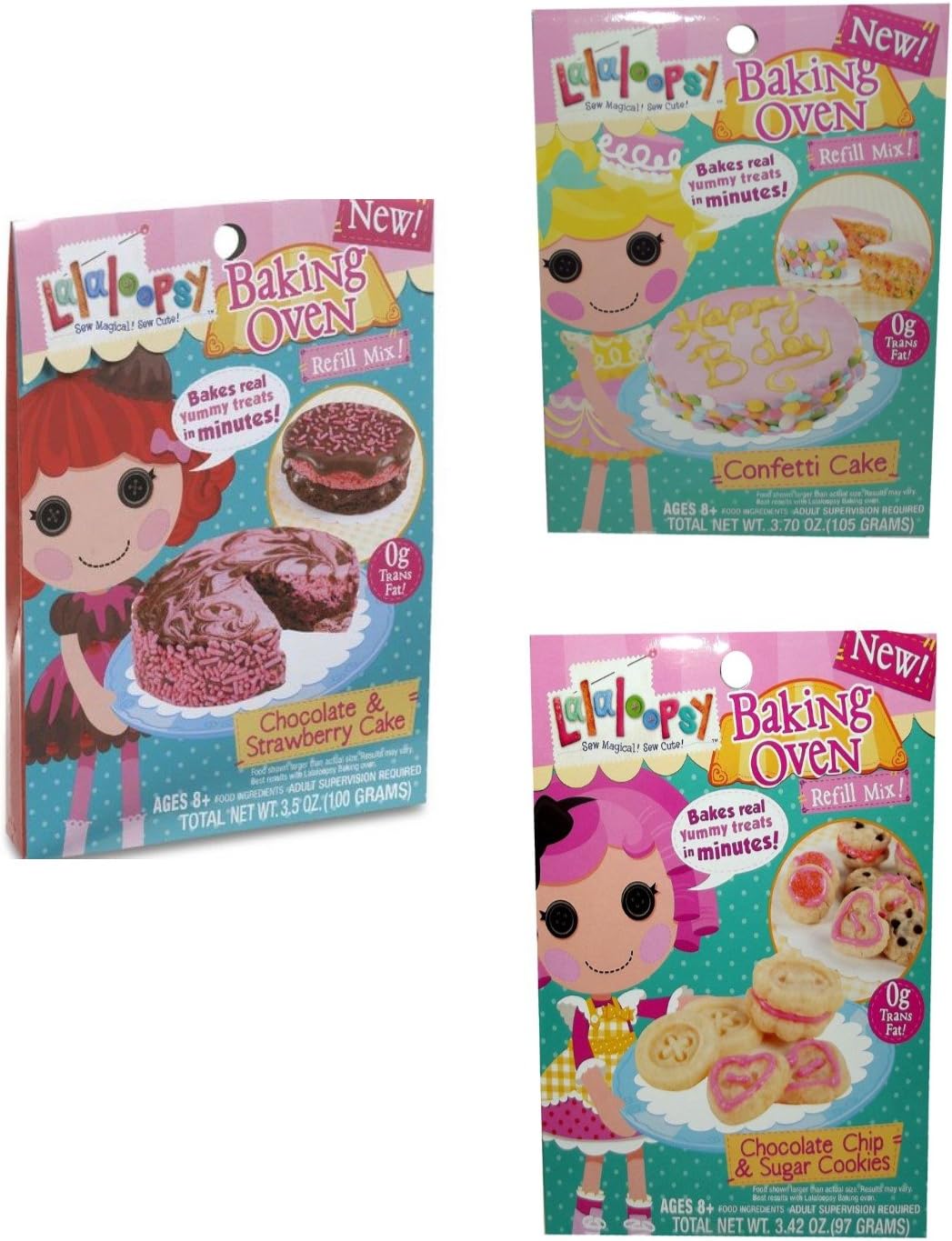 Lalaloopsy Baking Oven Refill Mix Chocolate Strawberry Cake, Chocolate Chip & Sugar Cookie & Confetti Cake Complete Set of 3