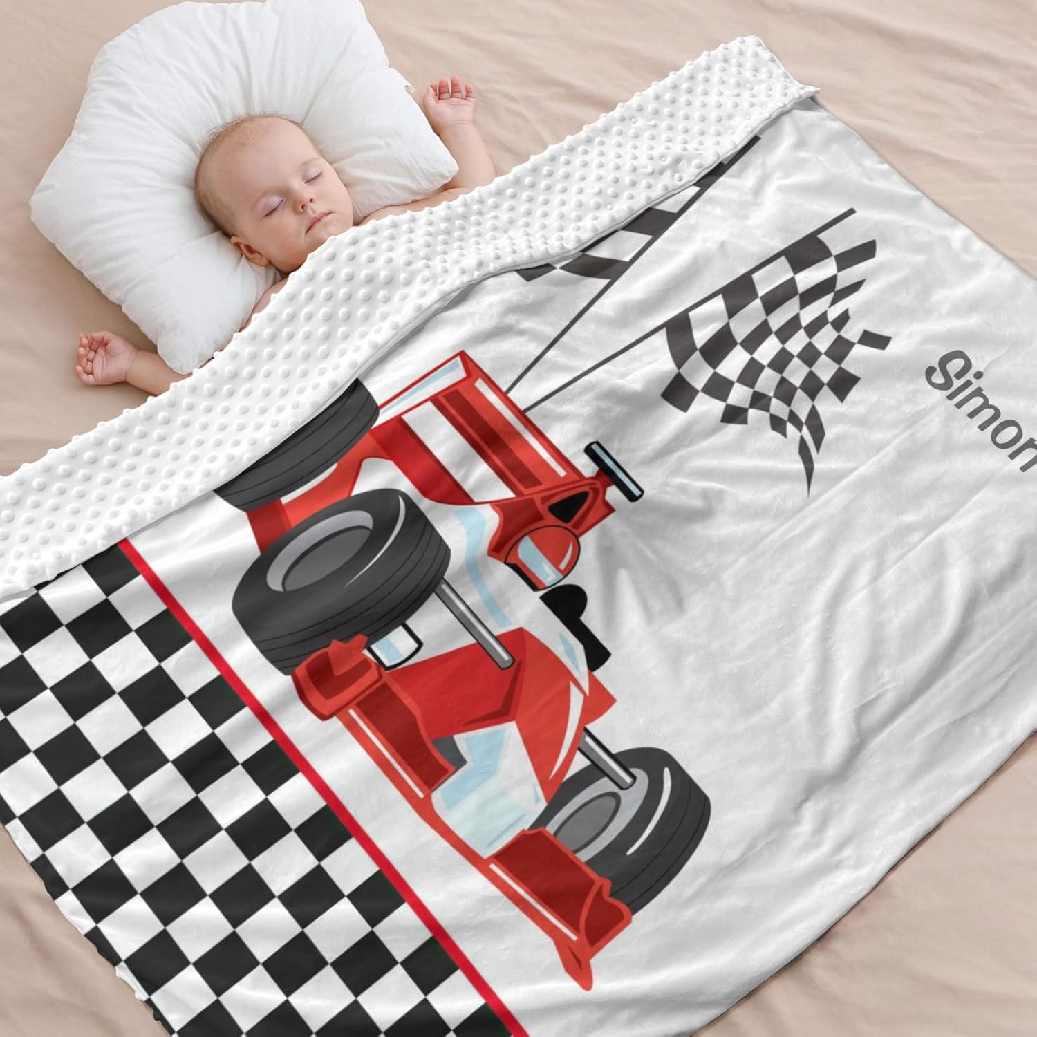 Race Car Checkered Personalized Baby Blanket for Boys Girls,Custom Soft Minky Blanket Double Layer Dotted Naps 35X45 in