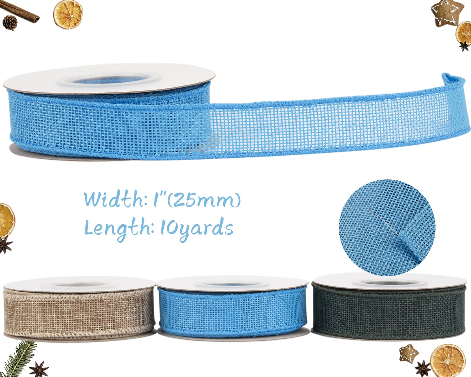Tekdeere Burlap Ribbon 25mm x 9 Meters, Turquoise Wired Ribbon for Crafts, Gift Wrapping, Wreaths, Bows, Tree Decoration and Outdoor Decoration - Image 2