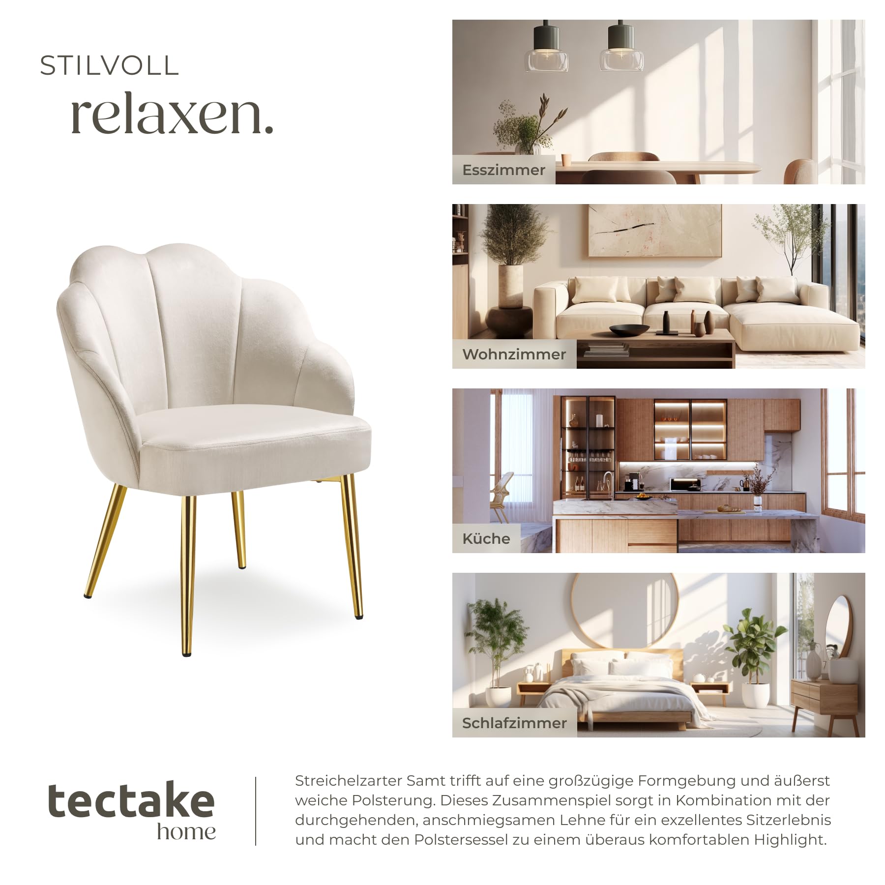tectake® Cocktailsessel in Muschelform, Samt Stuhl mit Armlehne, Sessel Wohnzimmer, Loungesessel, Stühle Esszimmer, Relaxsessel, Sessel Schlafzimmer, Deko Zimmer, Lesesessel - créme/Gold, 1 Stuhl