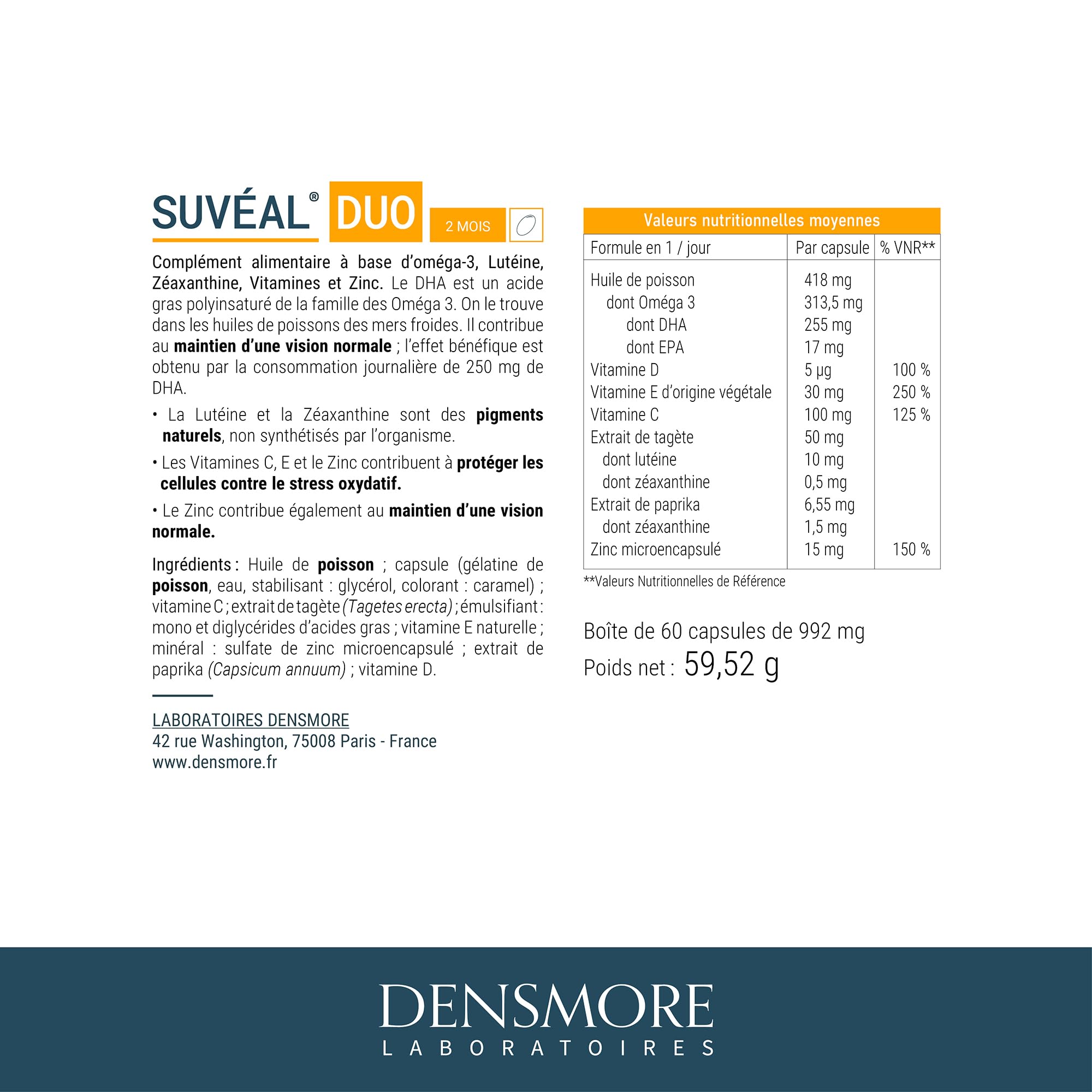 Densmore - SUVEAL Duo - Complément Alimentaire Ophtalmologique à base de DHA (Oméga 3), Lutéine, Zéaxanthine, Vitamines et Zinc - Idéal Vision - 60 Capsules - Cure de 2 mois - Fabriqué en France