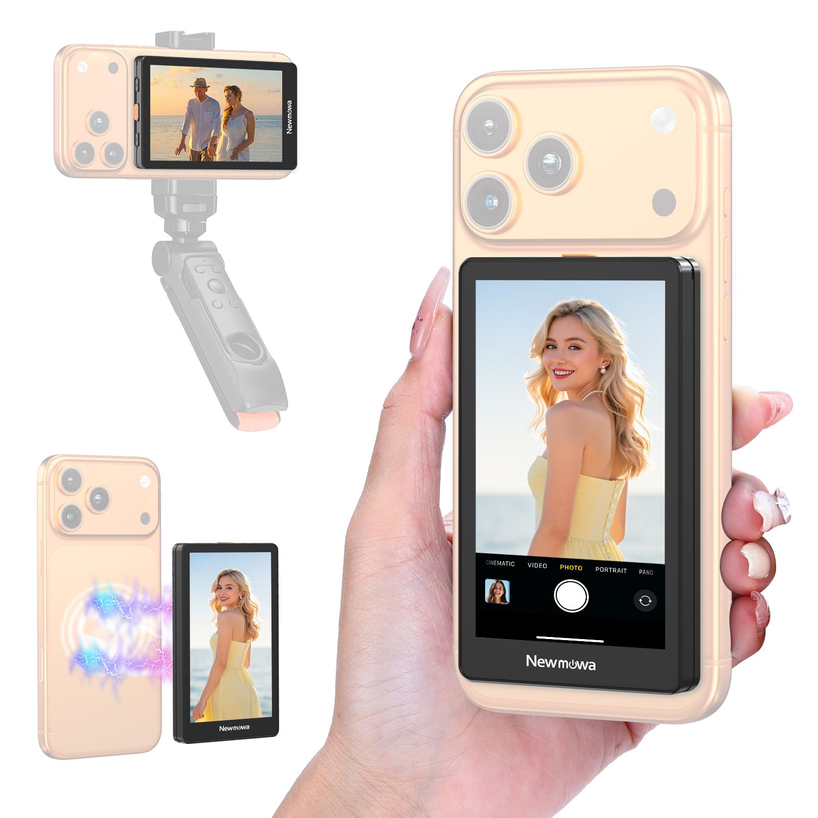 Newmowa Czarny Magnetyczny Telefon Vlog Selfie Monitor Ekran,1080P Nagrywanie Bezprzewodowe,Tylnej Kamery Telefonu Do Selfie LiveStream TikTok,Kompatybilny z iPhonem(Support 4K 30fps Wired Recording)